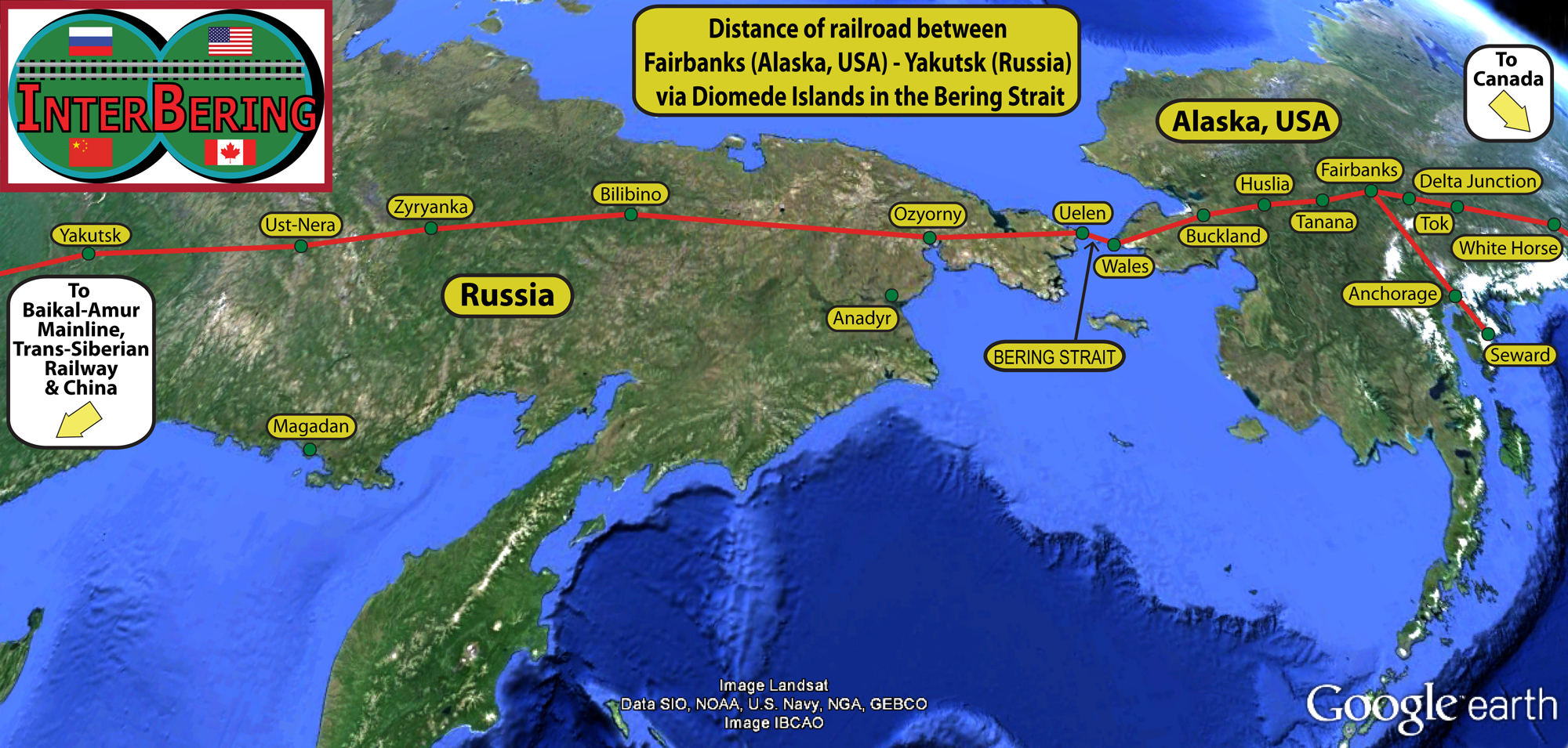 Map of proposed railroad from Fairbanks (Alaska) to Yakutsk (Russia) via tunnel under the Bering Strait.