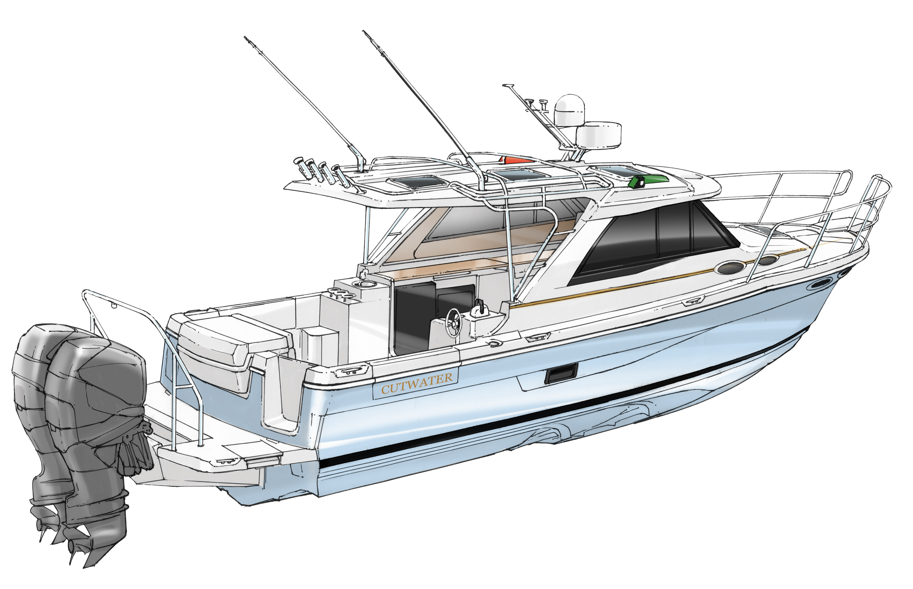 The new Cutwater 30 Sport Coupe is Cutwater’s biggest, fastest and most exciting Cutwater to date. It’s powered by twin counter rotating Yamaha 300 HP outboards and features a revised cabin top and co