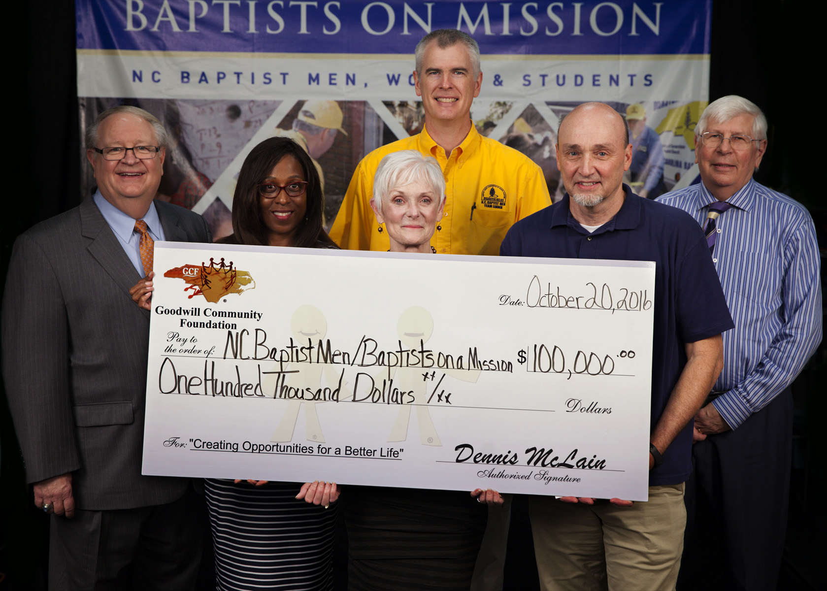 Goodwill Community Foundation presents a check for $100,000 to the N.C. Baptist Men for Hurricane Matthew disaster relief.