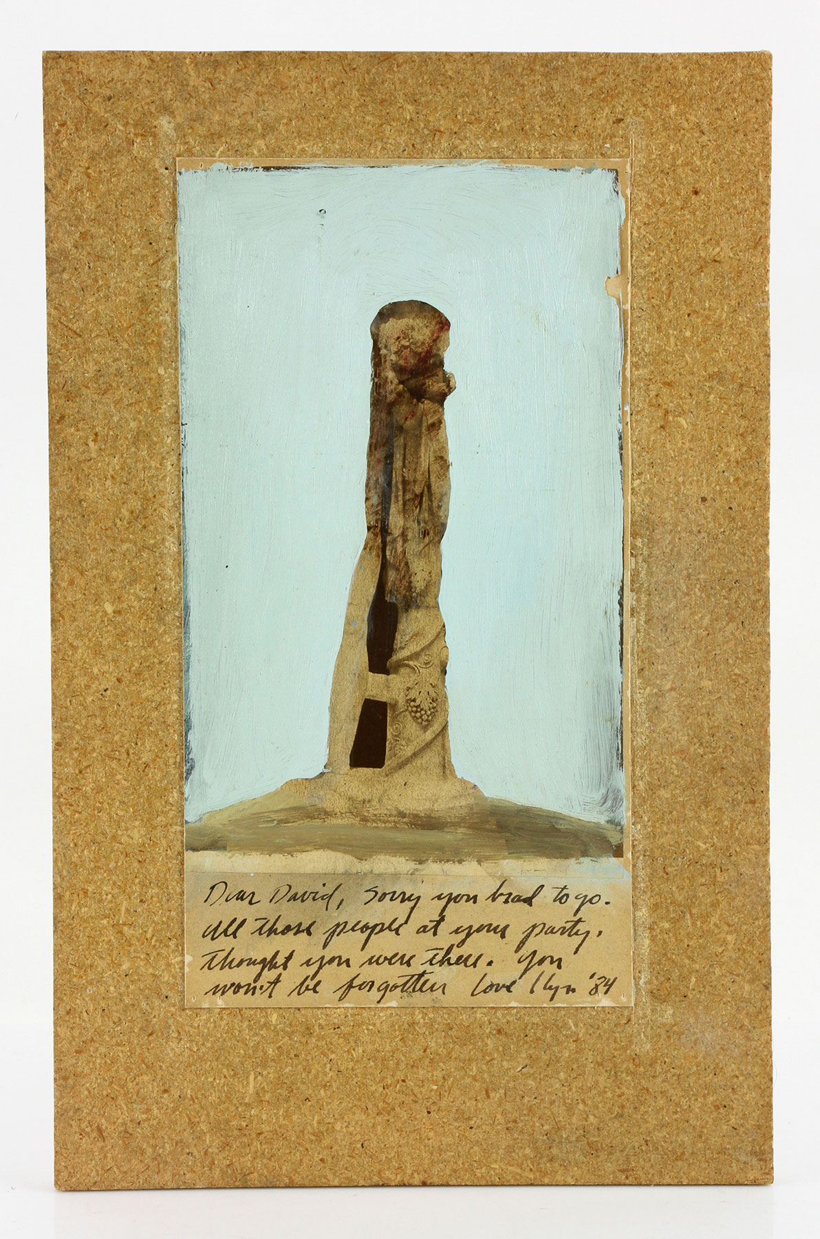 Llyn Foulkes, "Dear David," mixed media on paper mounted on board, signed and dated lower right, in tribure to David Stuart of David Stuart Galleries