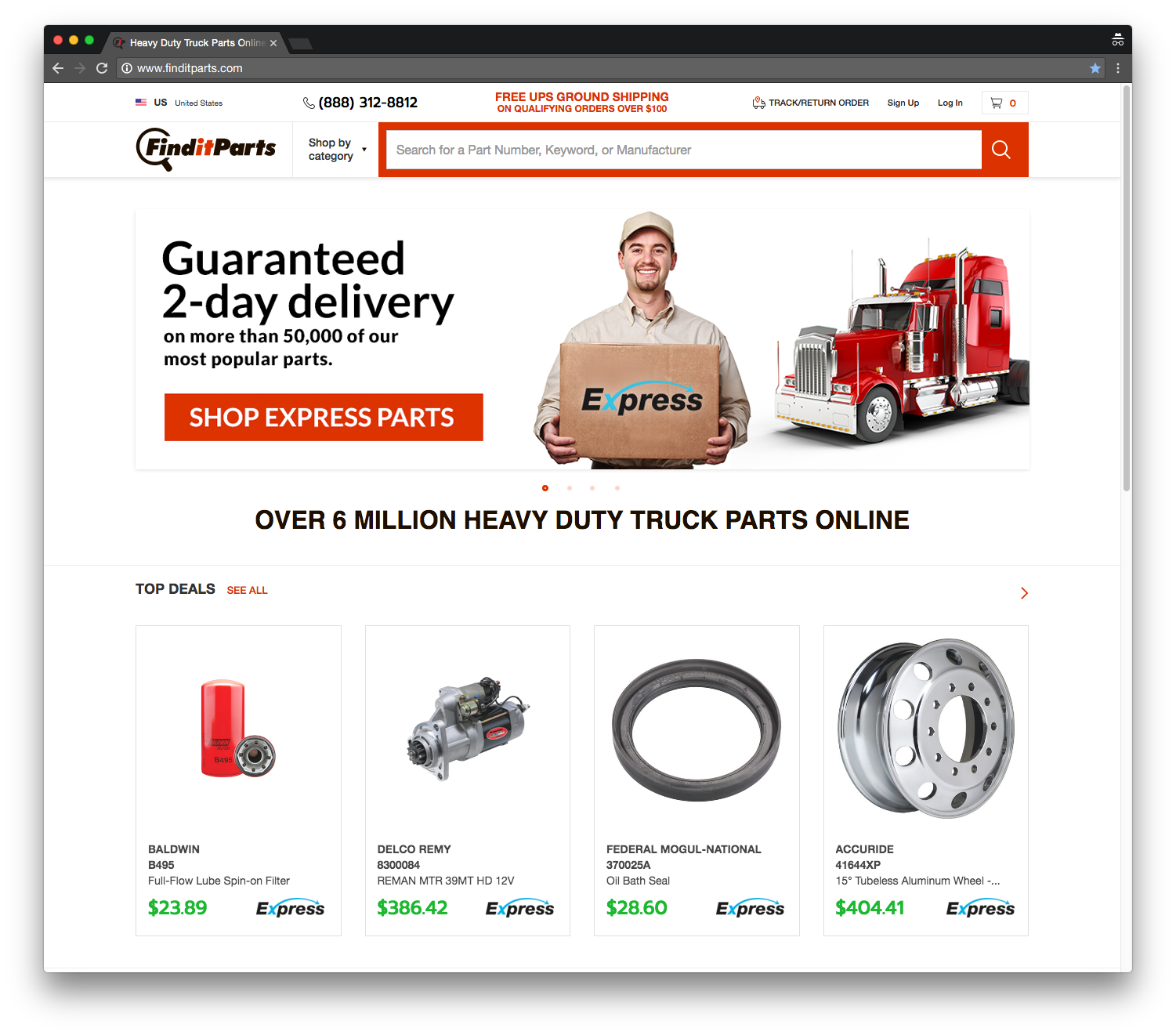 FinditParts home page screen shot with Express shipping slider.