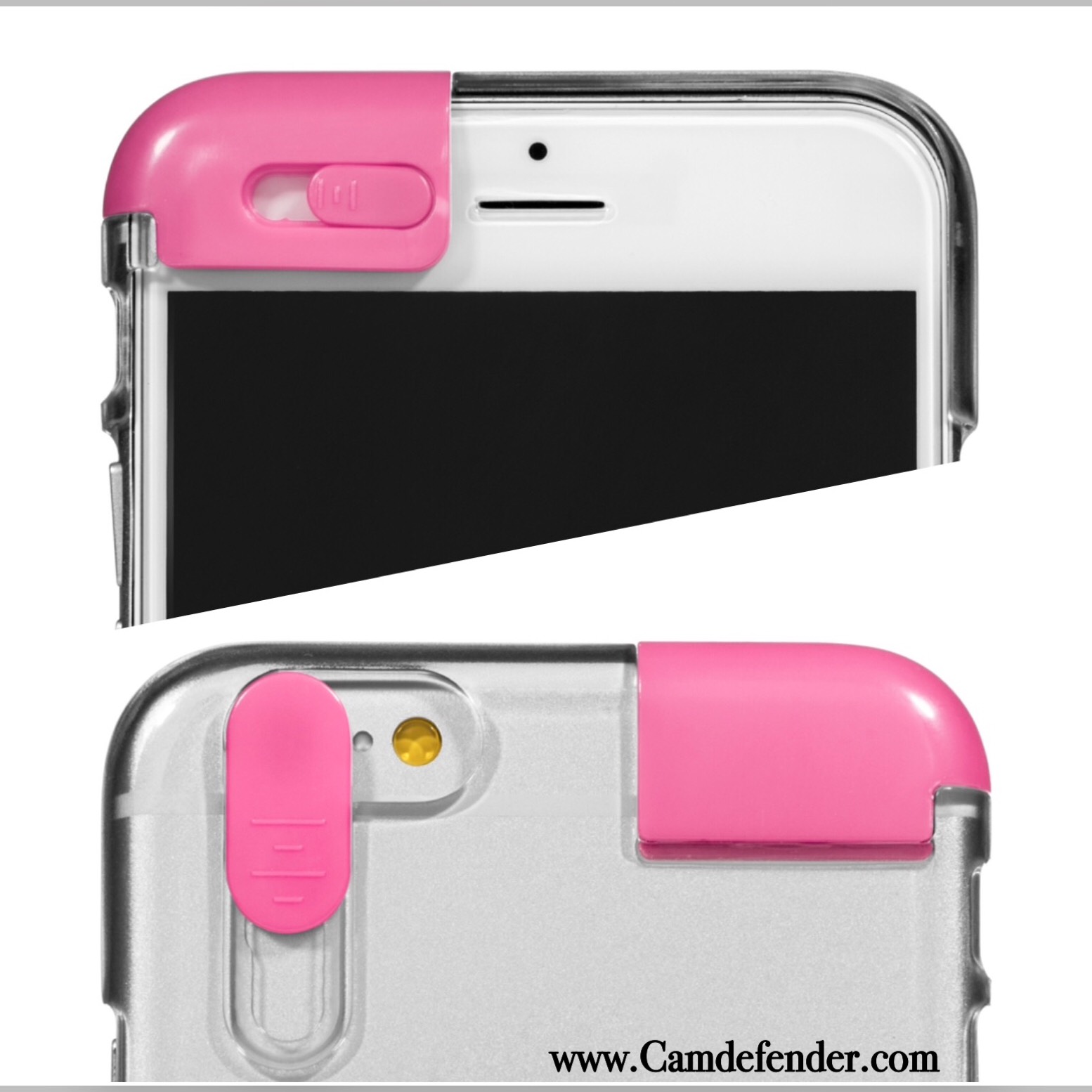The cell phone case features two independent camera lens covers which can be positioned over the camera when not in use.