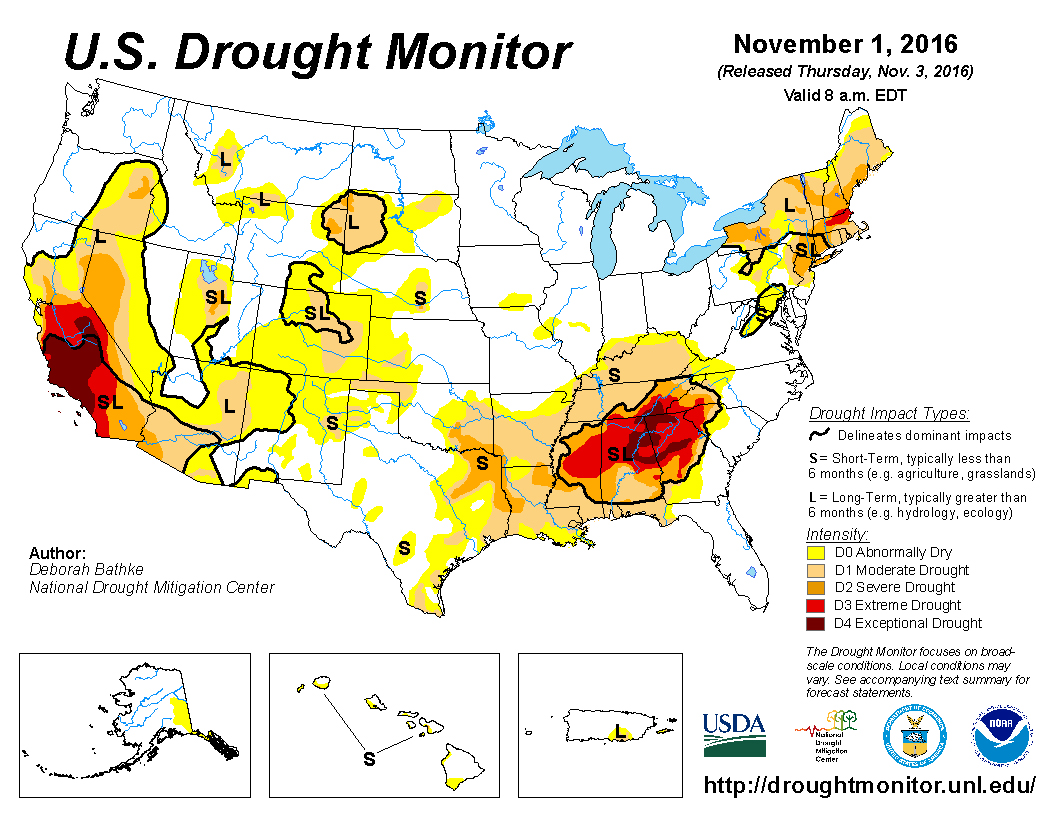 U.S. Drought Monitor as of November 1, 2016 from the United States Drought Monitor