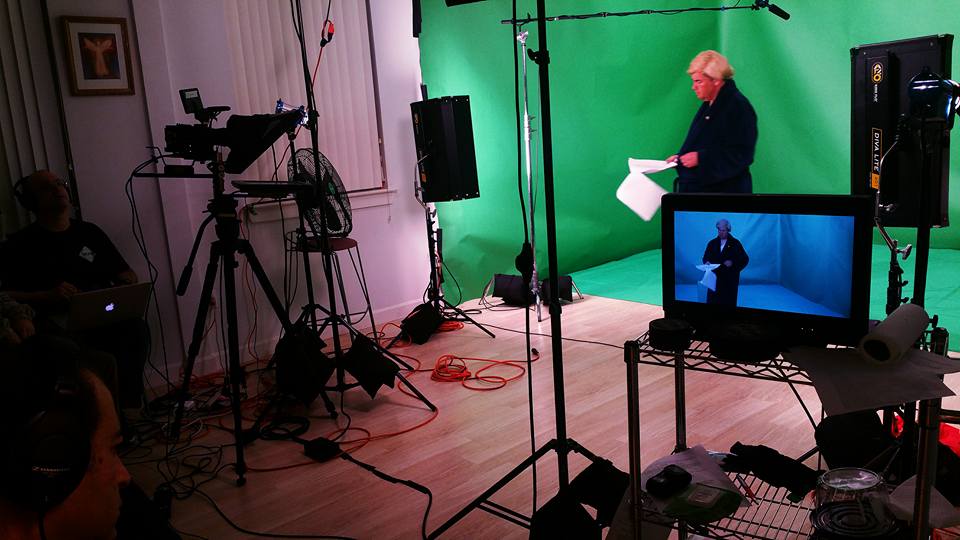Actor Paul Taft (Donald Trump) preparing his lines at RA Vision Productions