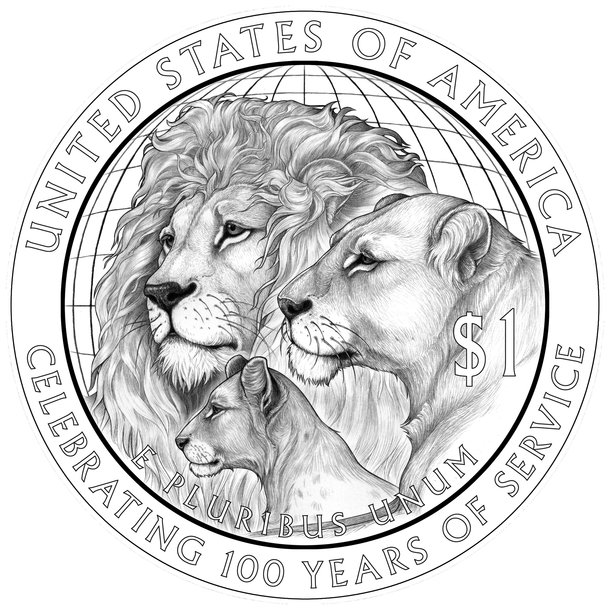 Lions Clubs International Centennial Silver Dollar Reverse