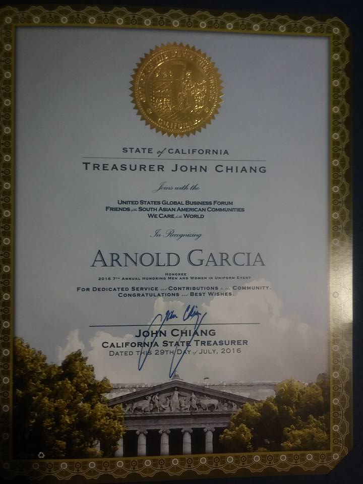 California State Certificate Recognizing Arnold Garcia, Founder of Shine On Hollywood Magazine At United States Global Business Forum
