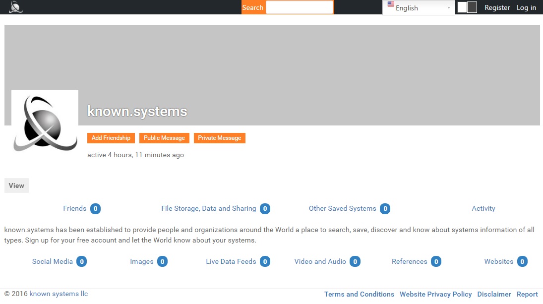 Sample registered account page for known.systems with counters in circles for types of media stored.