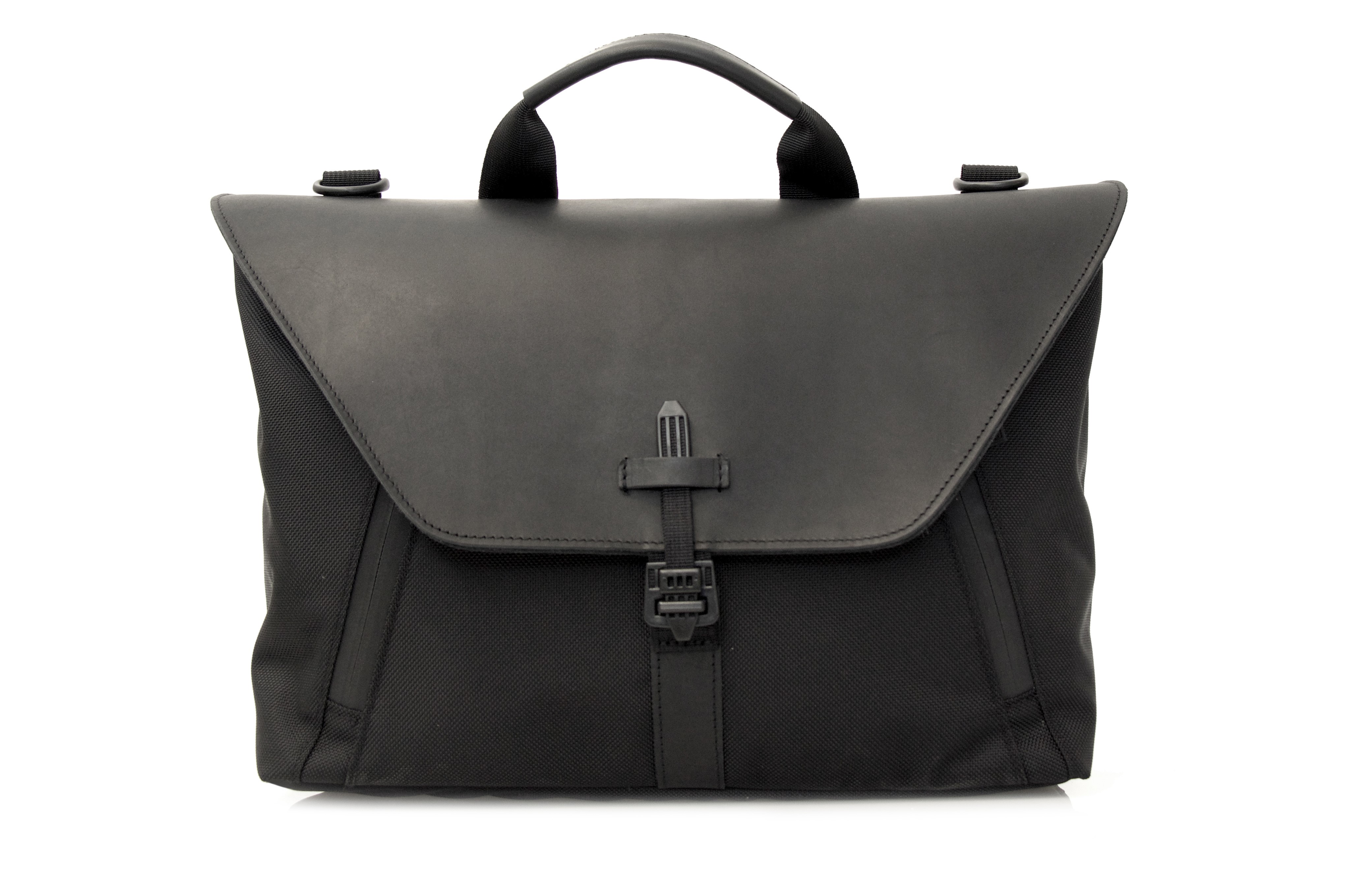 Staad Attaché —black ballistic nylon with black leather flap option