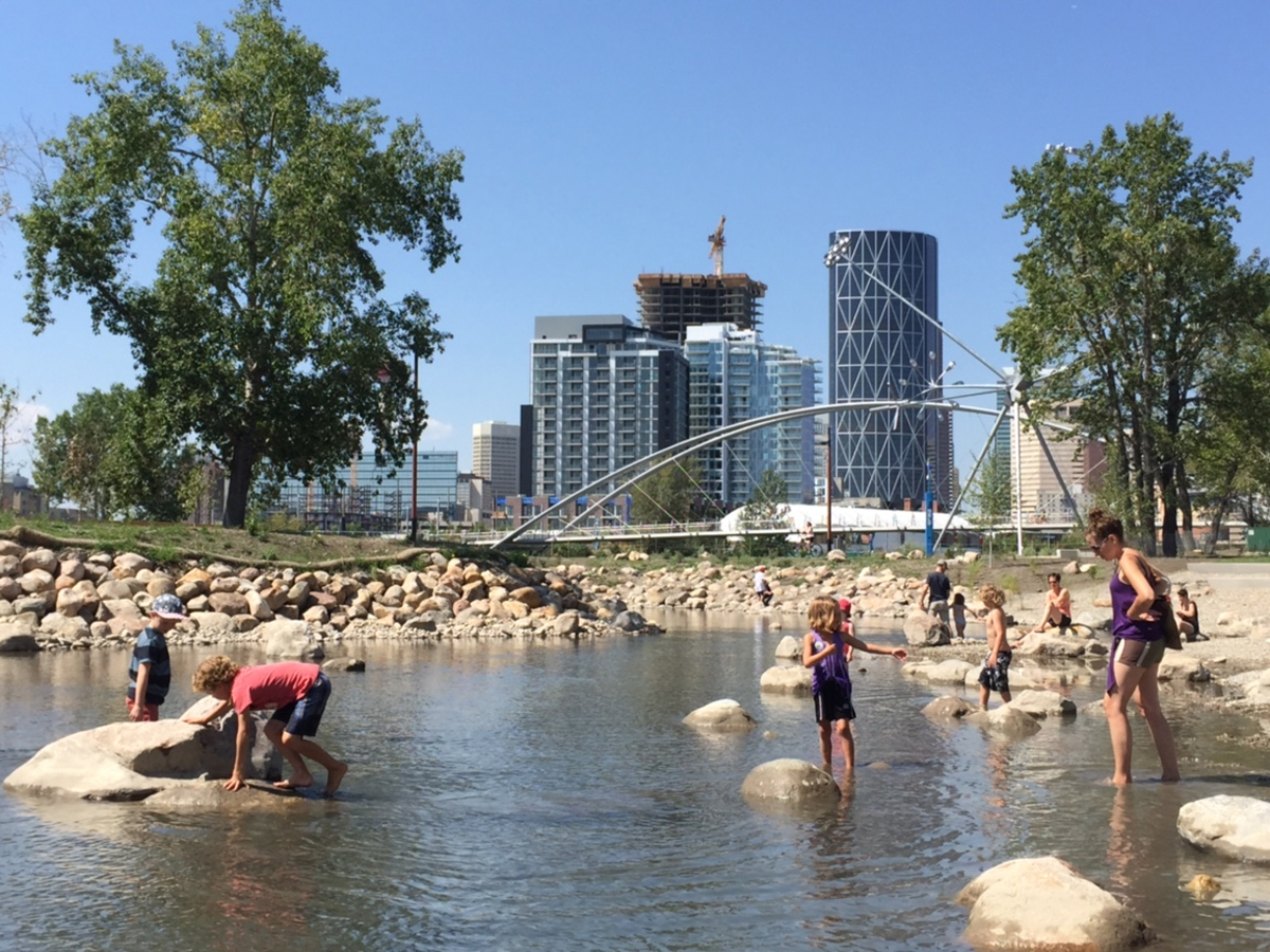 Award-winning St. Patrick’s Island Park designed by Civitas and W Architecture features a gentle area of the Bow River where Calgarians can get their toes in the water (image courtesy of Civitas Inc.)