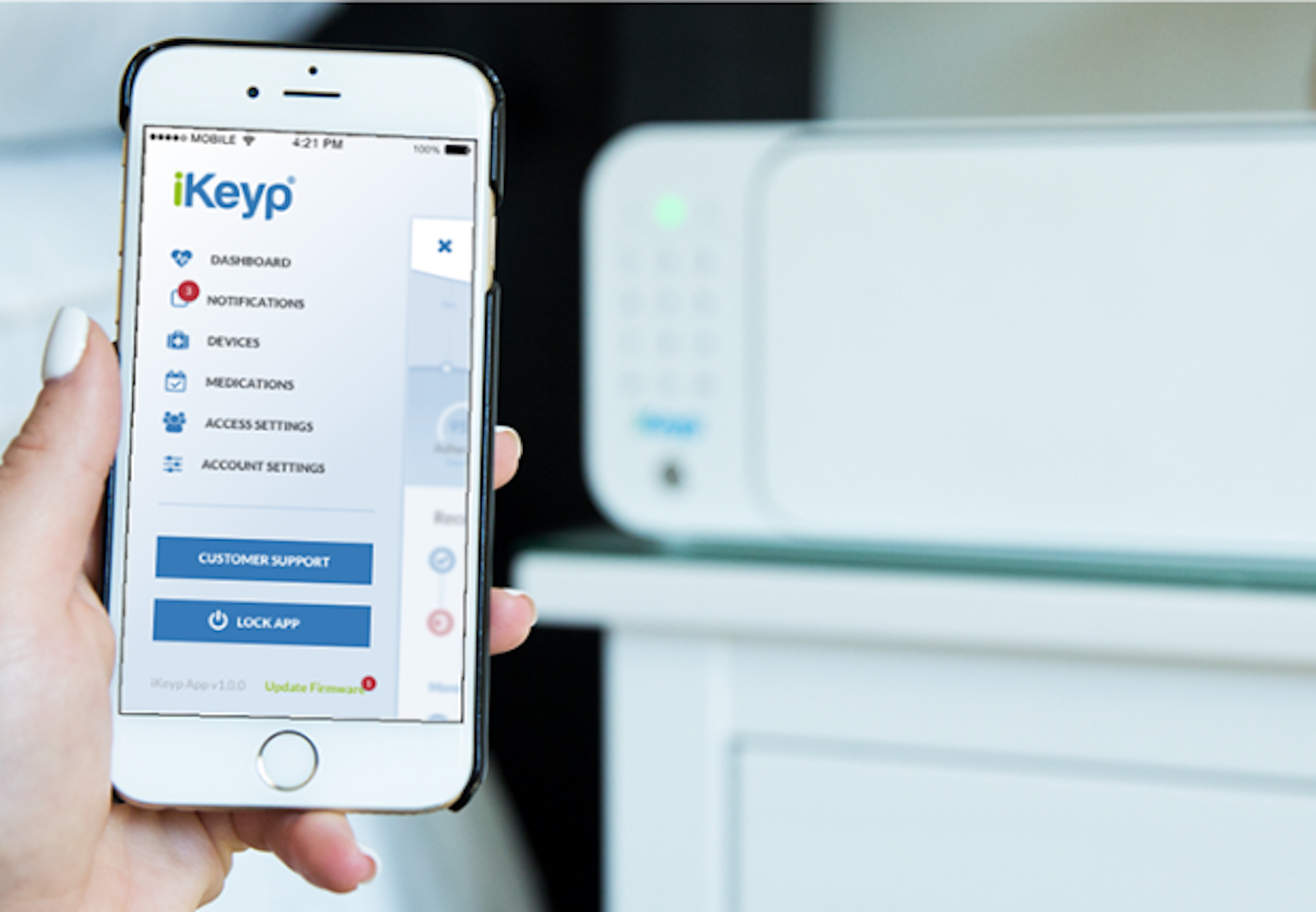 The iKeyp connects to the Internet and provides real-time security alerts including motion and tampering detection as well as intelligent medication adherence reminders.