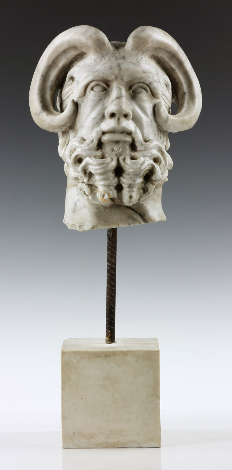 19th century or earlier carved marble head of a mythological figure from a Rome, Italy estate.