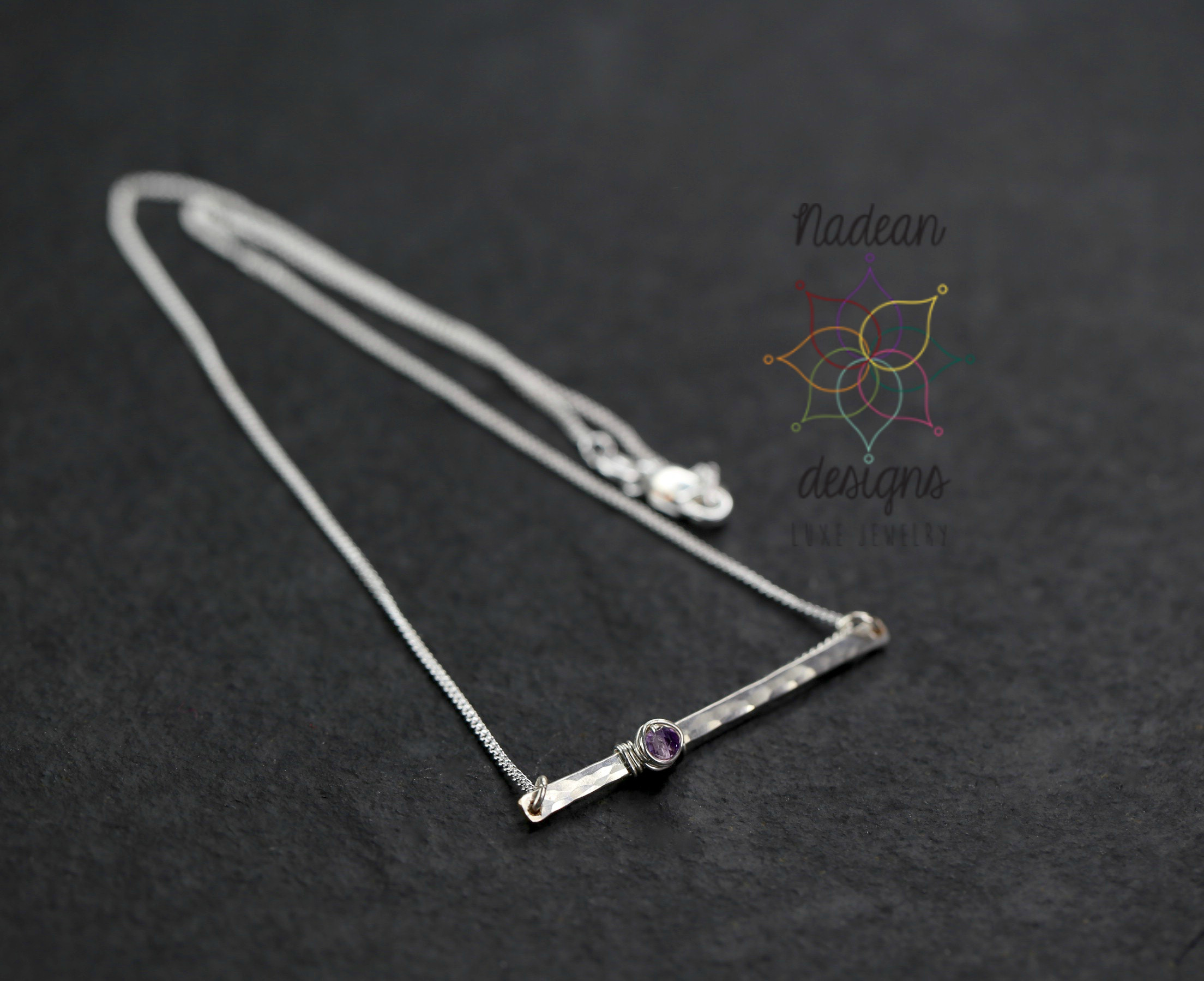 Sterling silver hammered, hand-forged bar necklace,