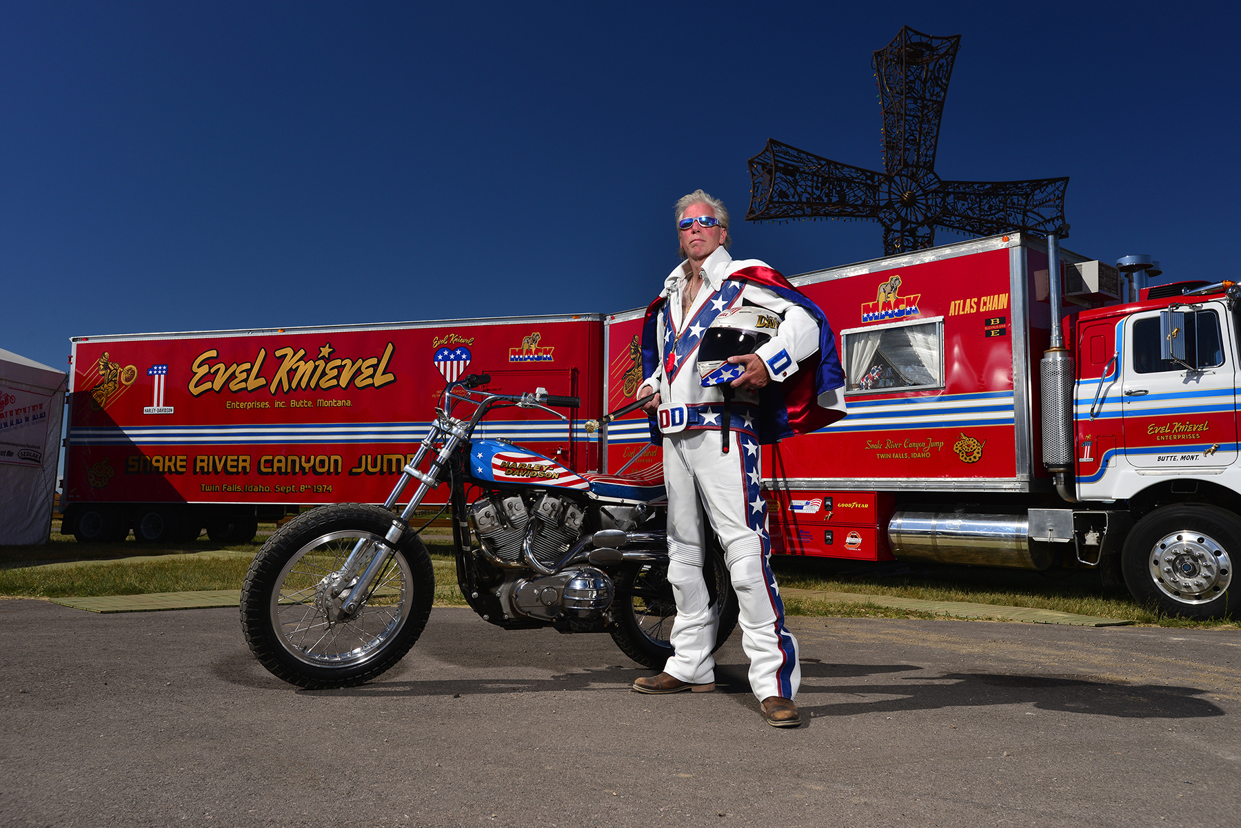 Doug Danger poses with his 1972 Harley-Davidson XR750 and Knievel's Big Red.