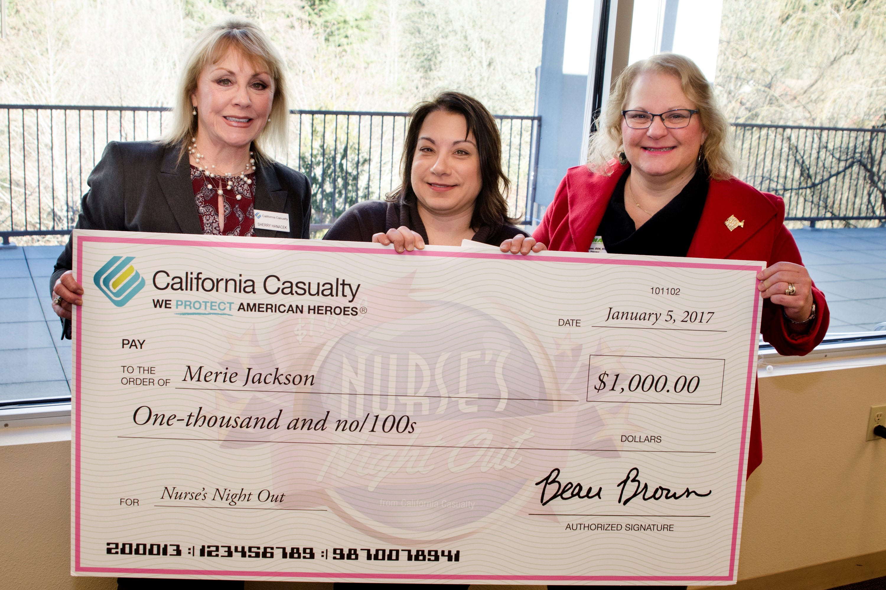 Nurses Night Out award winner and ONA member Merie Jackson, RN, (Center) with California Casualty's Sherry Hanacek and ONA President Katy Cooper