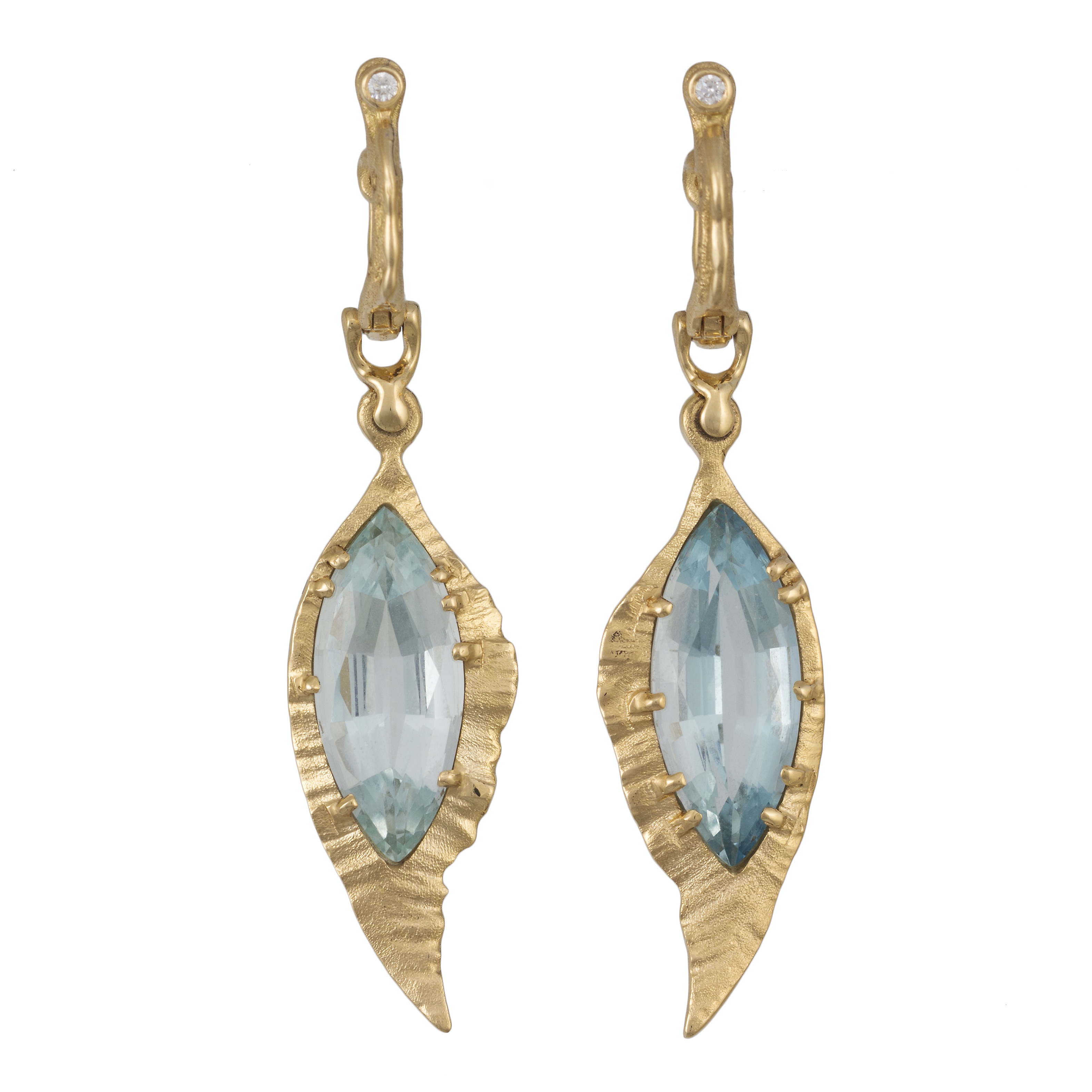 Feather earrings 1 by Audrius Krulis. 18k yellow gold, aquamarine and white diamonds