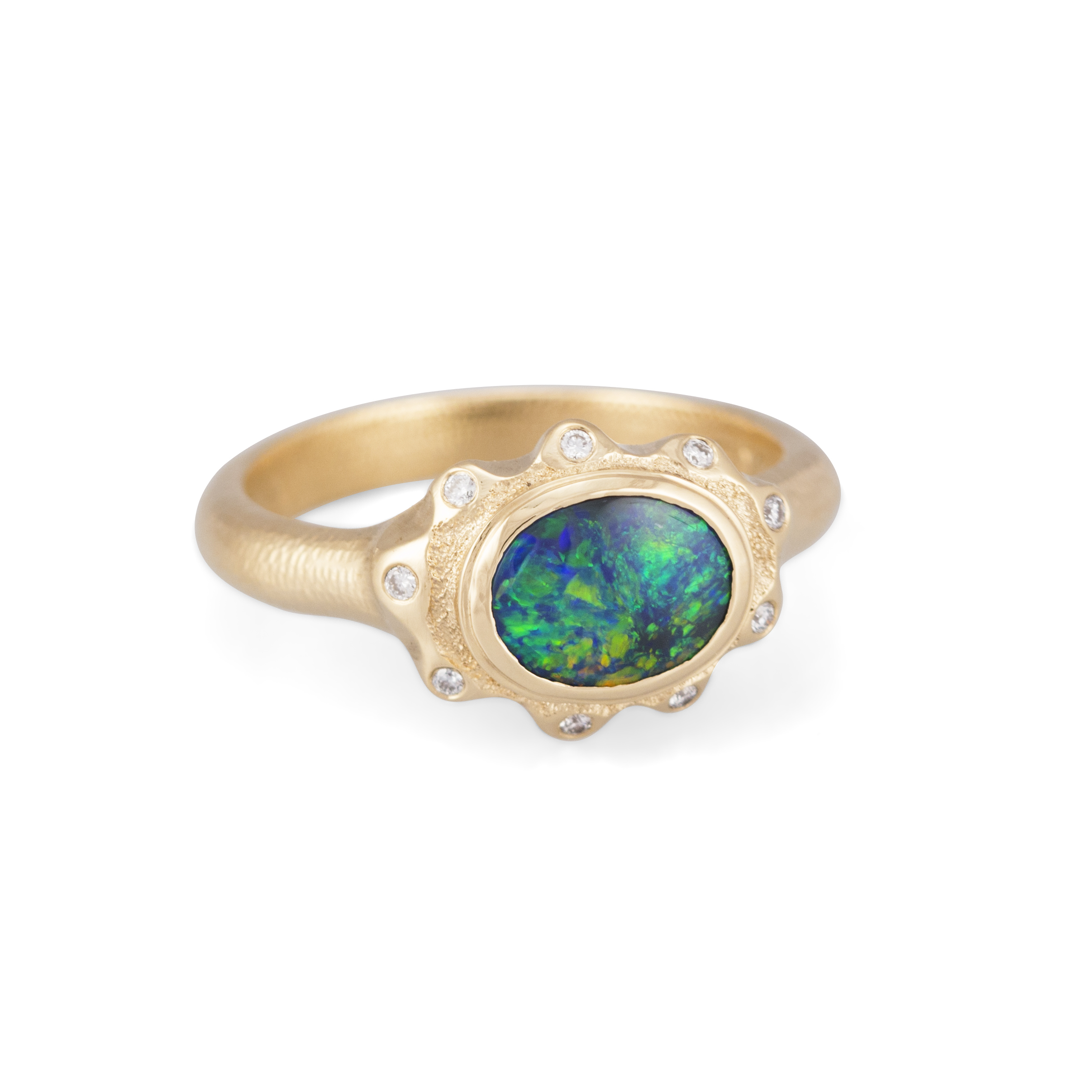 Sparks ring 3 by Audrius Krulis. 18K yellow gold, opal and white diamonds