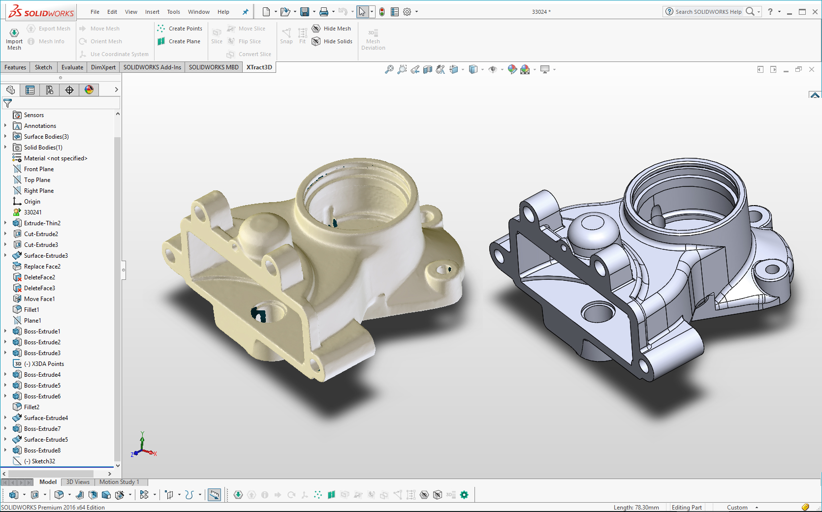 SOLIDWORKS software interface with XTract3D add-in