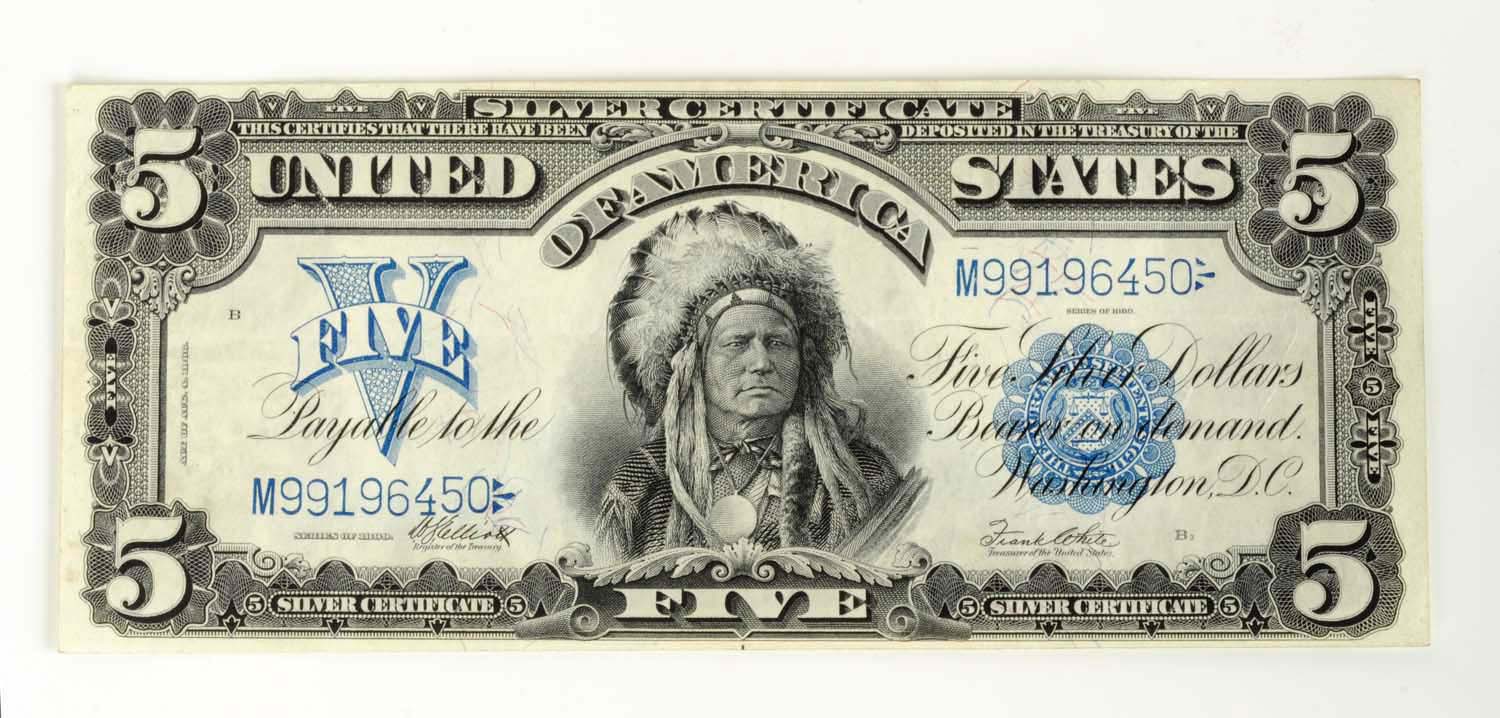 1899 Indian $5 Silver Certificate, Estimated at $1,500-2,500.