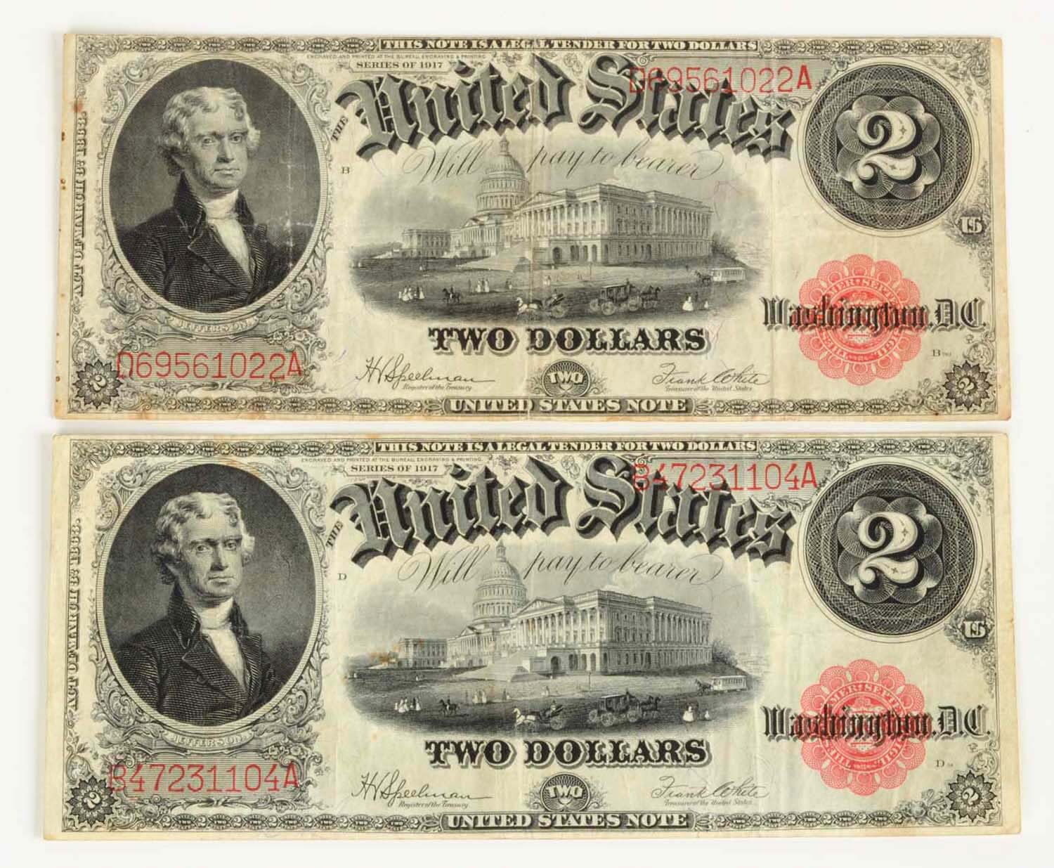 Pair of 1917 Jefferson $2 Notes, Estimated at $200-300.