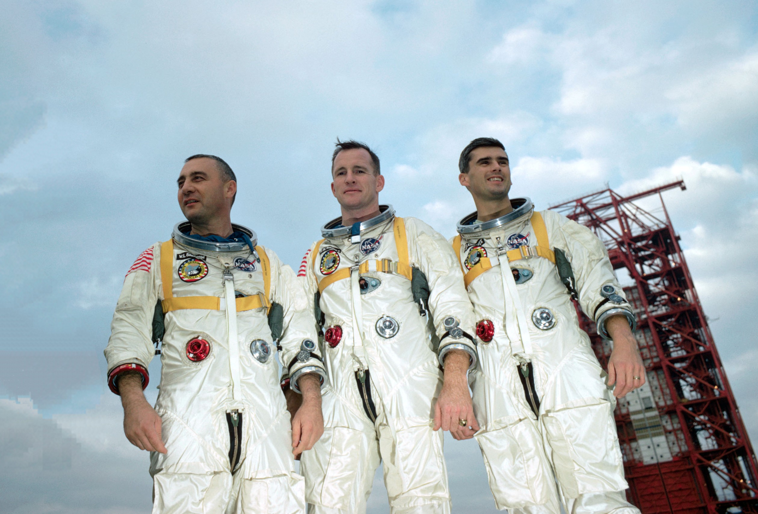 Apollo 1 astronauts Gus Grissom, Ed White and Roger Chaffee at Launch Complex 34 at Cape Canaveral, Fla. on January 19, 1967.