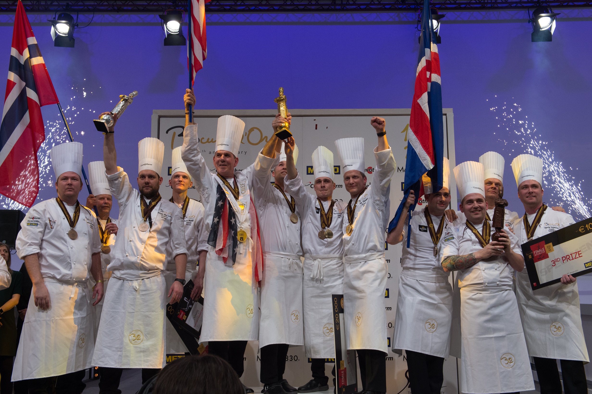 The 2017 Bocuse d'Or winners: Team USA with gold, Norway with Silver and Iceland with Bronze (c) SIRHA