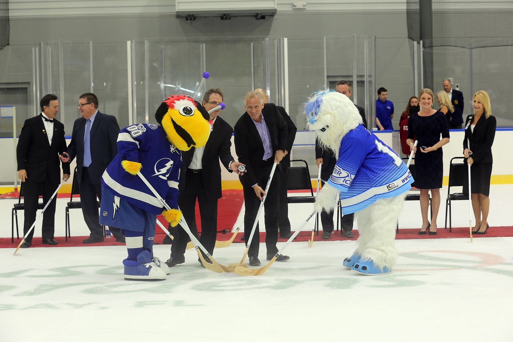 Florida Hospital Center Ice Mascot, IC and Tampa Bay Lightning Mascot, ThunderBug face-off at the "Puck Dropping" Event