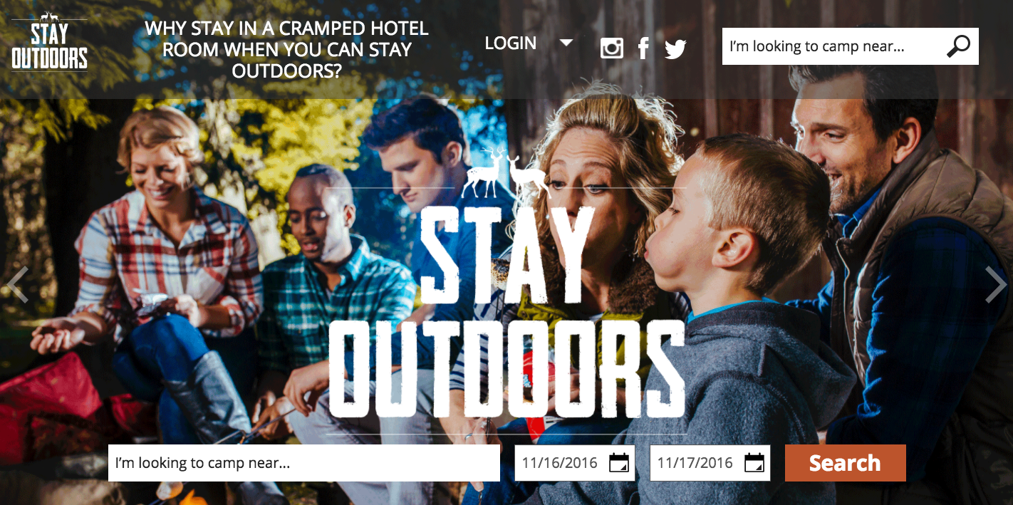 A screen shot of the newly launched StayOutdoors.com, open now to campgrounds and resorts.