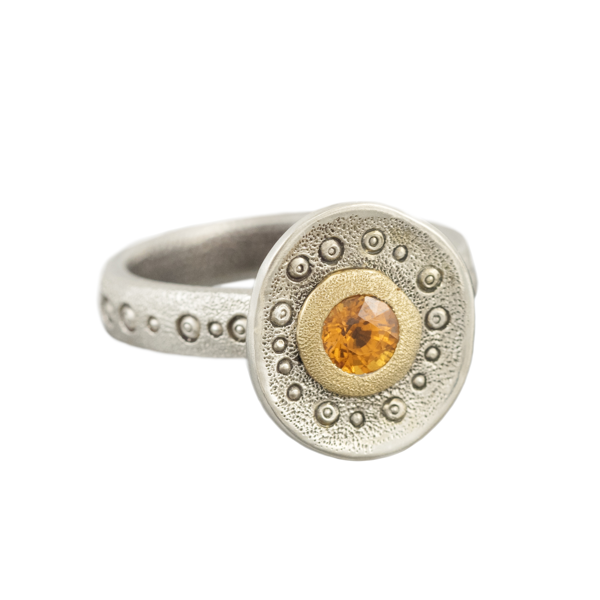 Fantasies Ring 1 by Audrius Krulis. Sterling Silver, 18K Yellow Gold Bezel and Mandarin Garnet