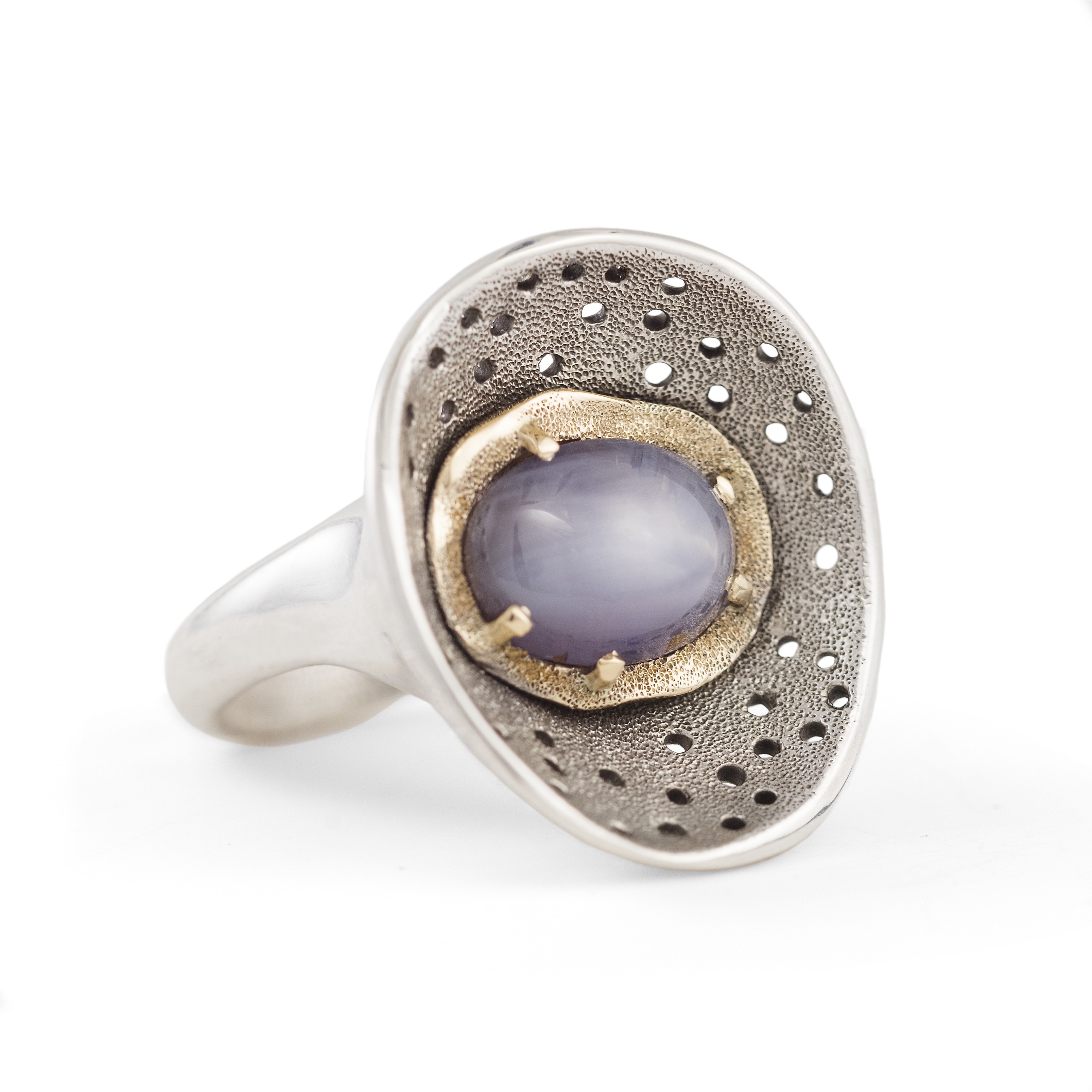 Nest Ring by Audrius Krulis. Sterling Silver, Yellow Gold Bezel and Star Sapphire