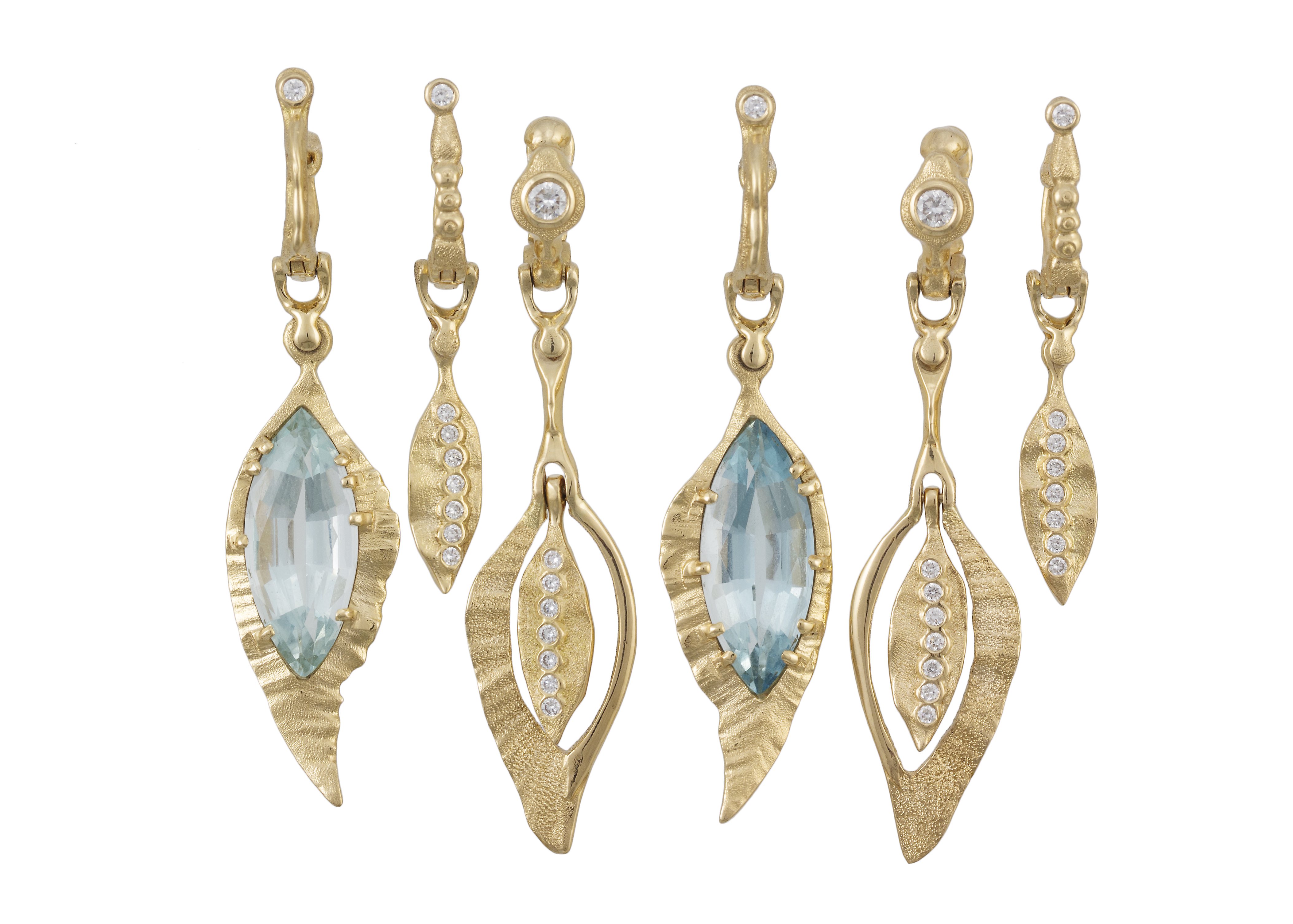 Various Feathers Earrings by Audrius Krulis. Yellow Gold, White Diamonds and Aquamarine
