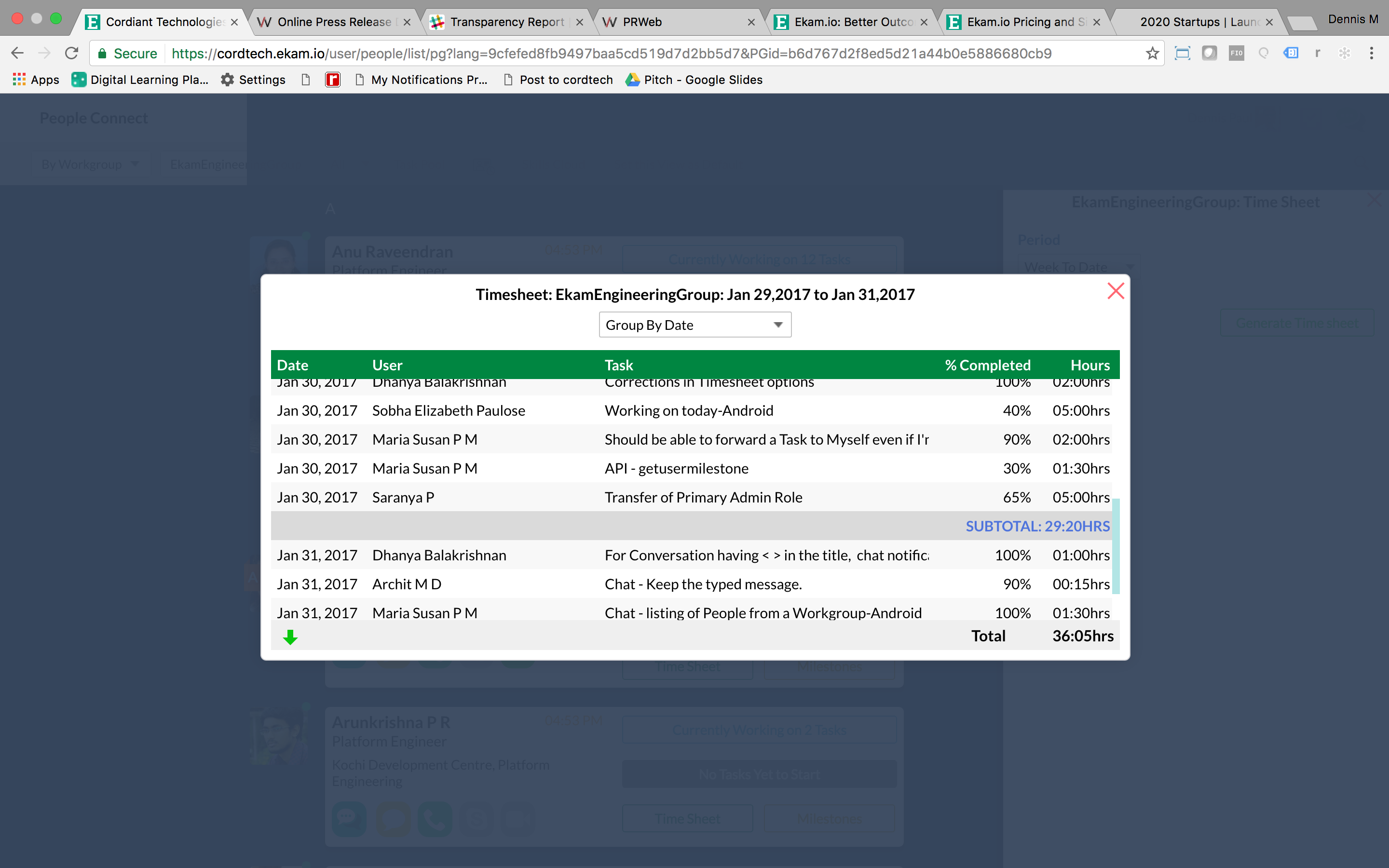 Auto-generated Offshore Project Team Time Sheets in  Real Time on Ekam