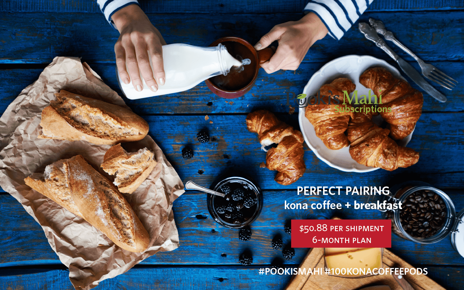 Pair breakfast with Pooki's Mahi 100% Peaberry Kona coffee pods