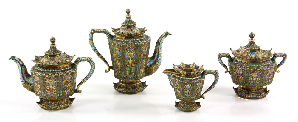 19th C. Important Russian Enameled Tea Set