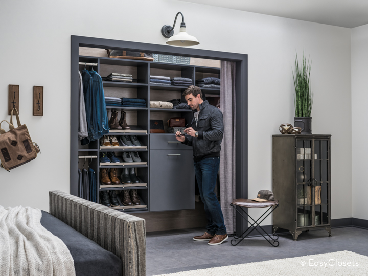 Enhance your home with an EasyClosets custom closet. Shown here, a closet in Lava color and Matte Nickel hardware creates a modern, timeless look.