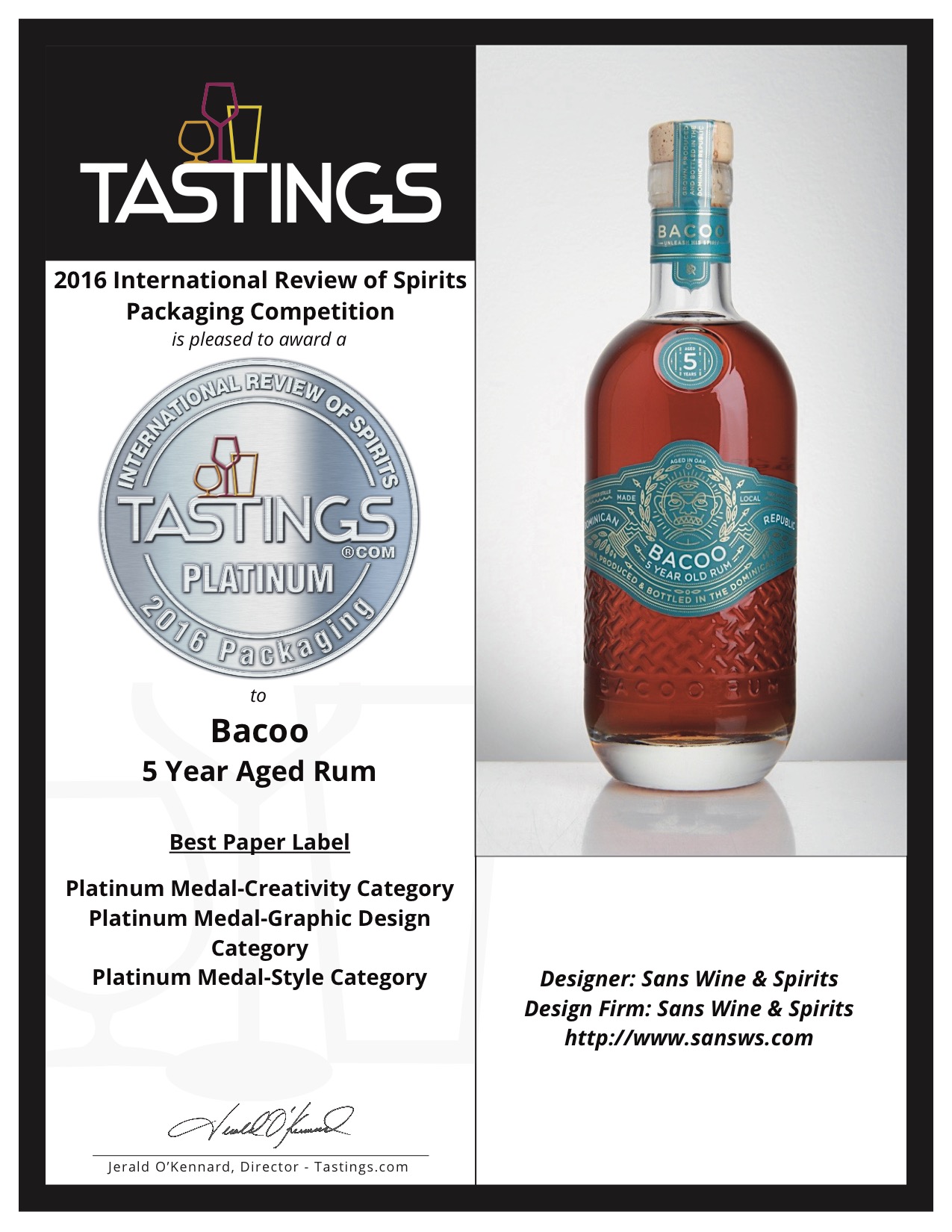 Bacco 5 Year Aged Rum's paper label won a Platinum medal in Tastings.com's 2016 International Review of Spirits Packaging Competition