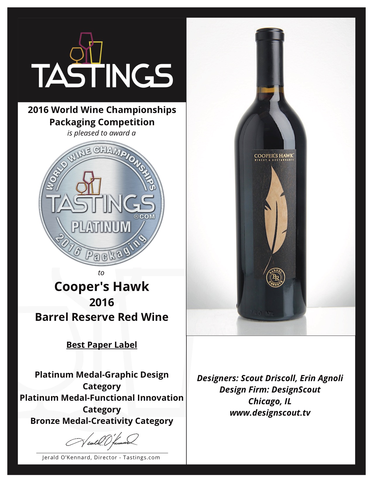 Cooper's Hawk 2016 Barrel Reserve Red Wine designed by DesignScout recieved "Best Paper Label" in Tastings.com 2016 World Wine Championships Packaging Competition