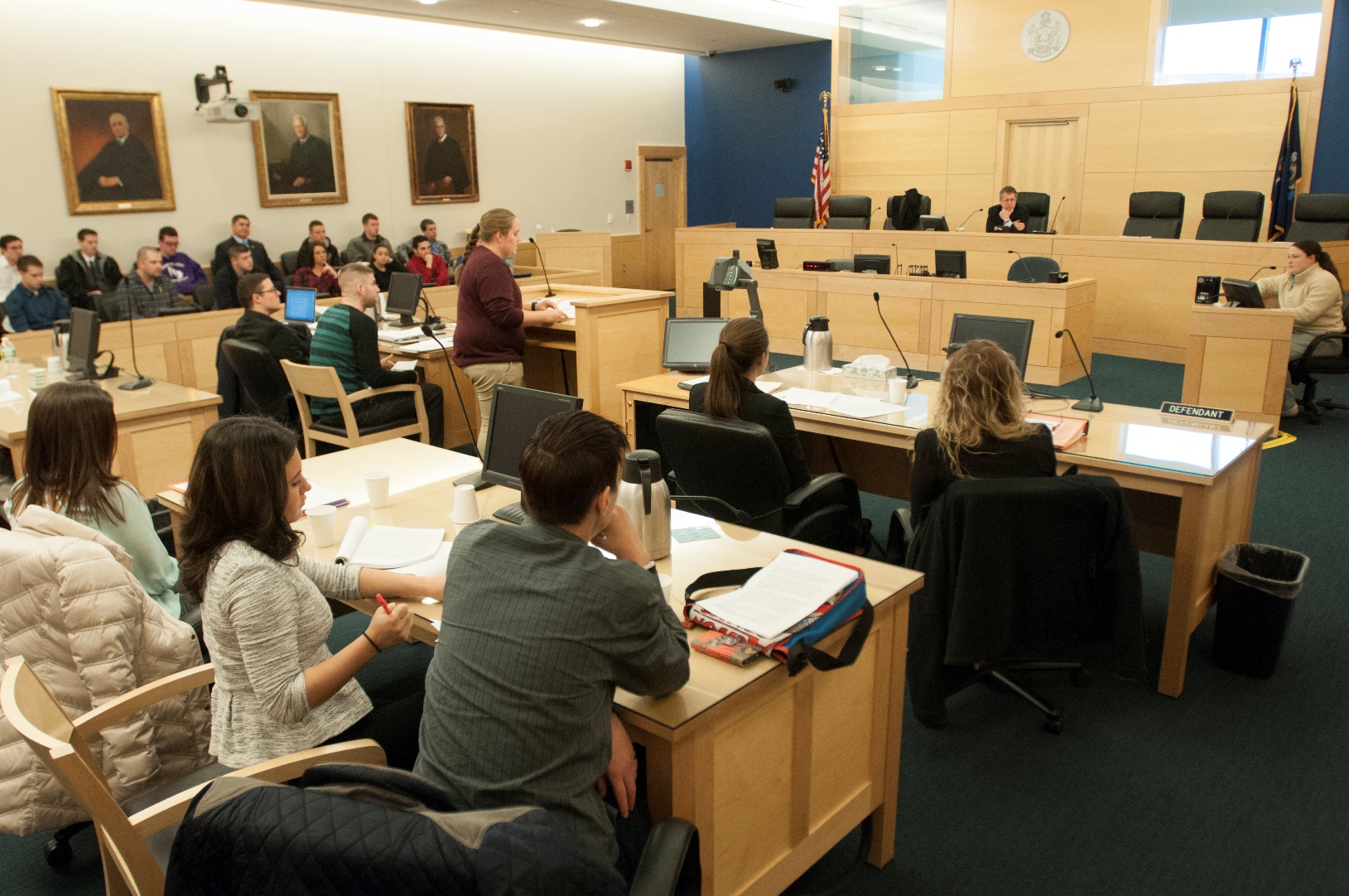 Husson University's School of Legal Studies emphasize experiential learning, like this mock trial at the Penobscot Judicial Center.