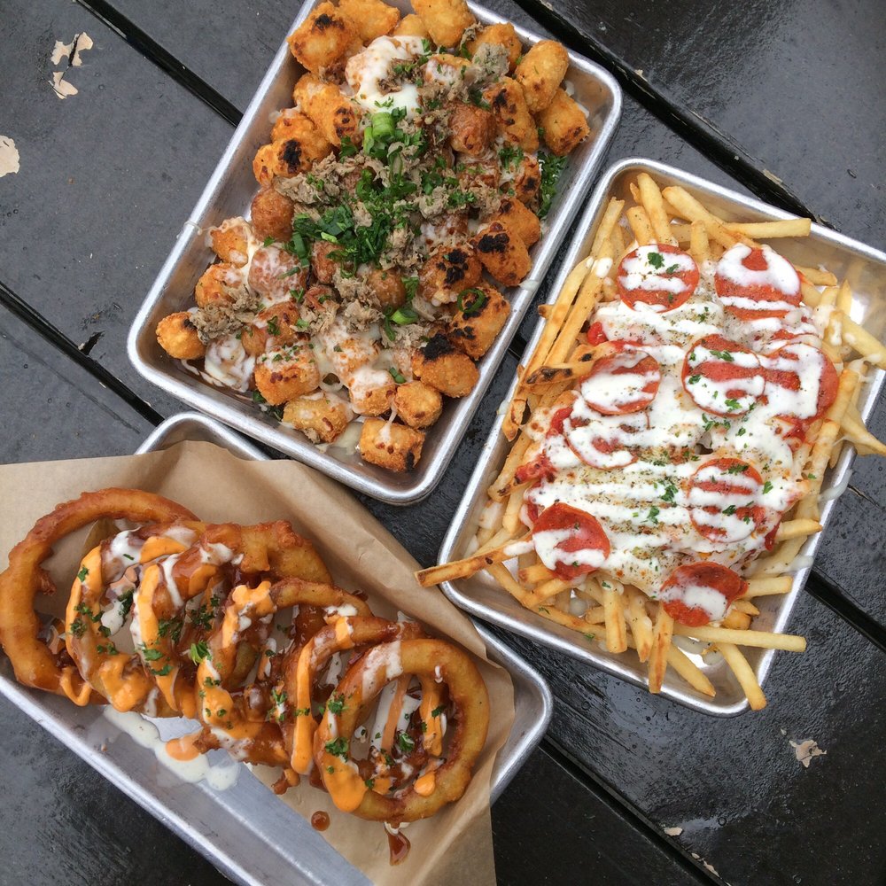 Poutine Tots, Housemade Beer-Battered Onion Rings and Pizza Fries