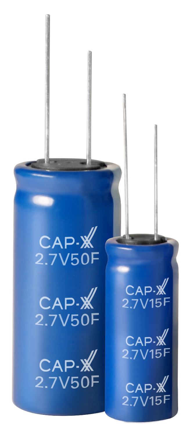 Single-cell (2.7V) CAP-XX cylindrical supercapacitors deliver high peak pulse power and low ESR for < US$0.50 for the smallest devices (1-5F) to US$9 for the largest (400F).