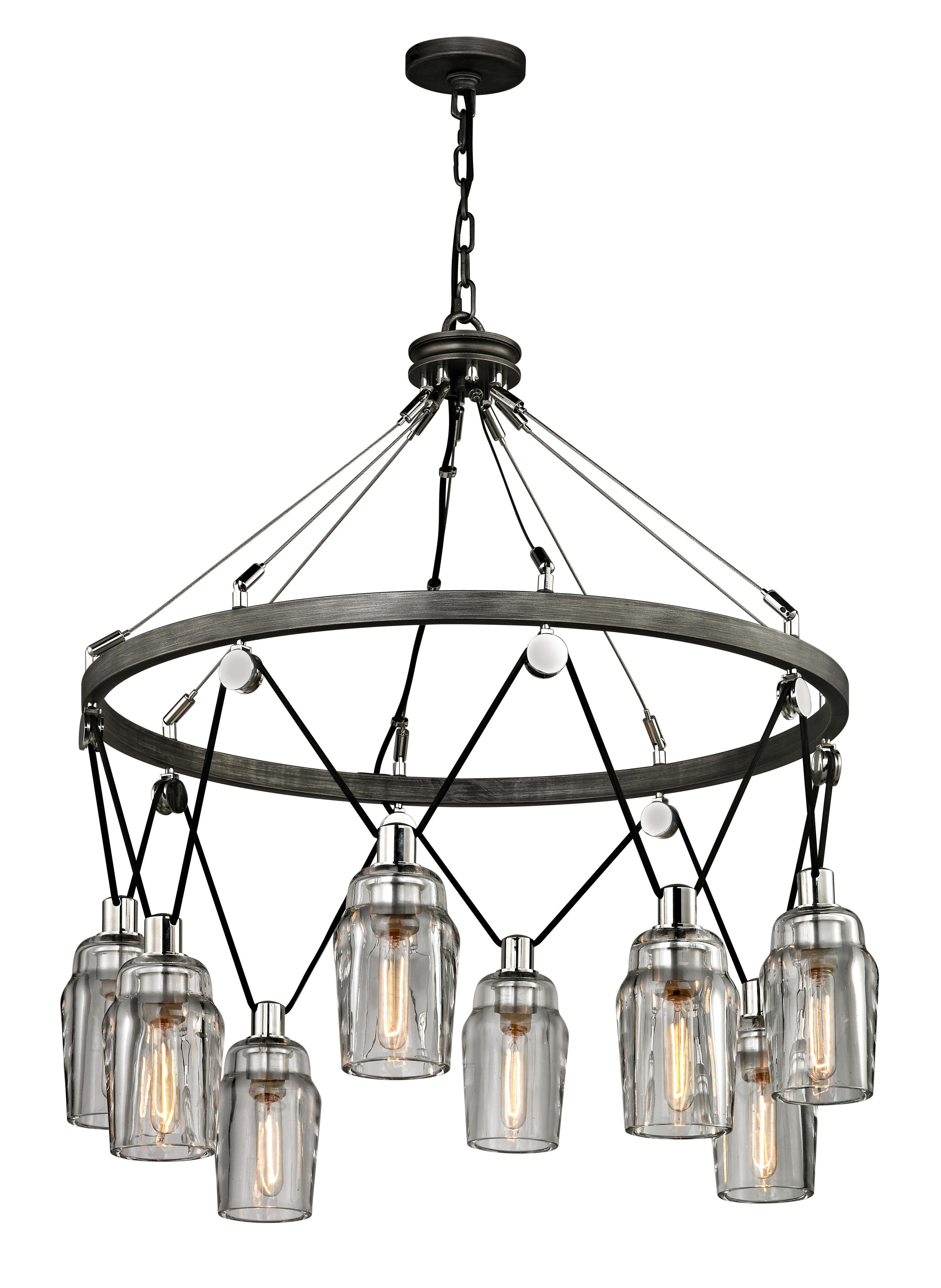 Citizen, by Troy Lighting’s unique focal point is its pulley system with one continuous wire running through its frame, powering and suspending each light at various heights.