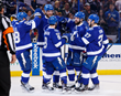 The Bolts Celebrate Another Goal by NHL Superstar Forward Nikita Kucherov at AMALIE Arena - Photo Courtesy of Getty Images