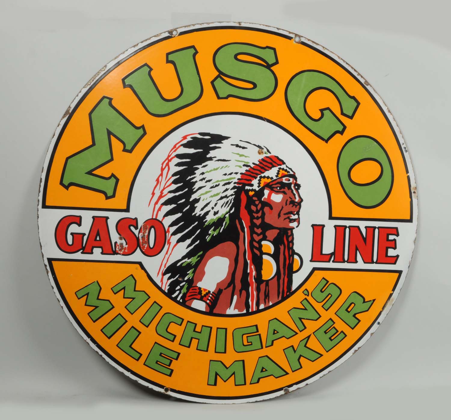 Musgo Gasoline Michigan's Mile Maker Sign, Estimated at $80,000-120,000.