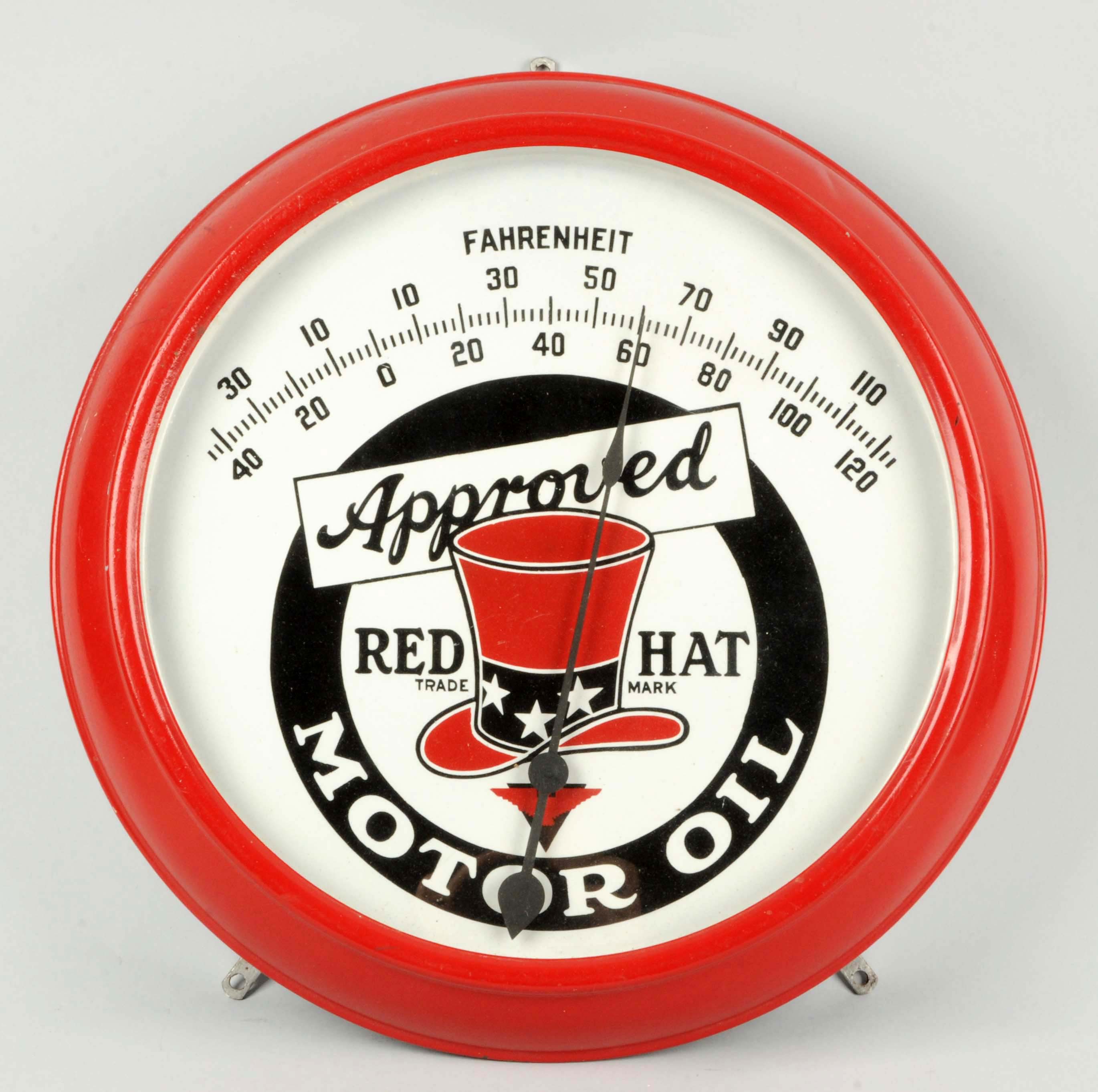 Approved Red Hat Motor Oil Porcelain Thermometer, Estimated at $8,000-12,000.