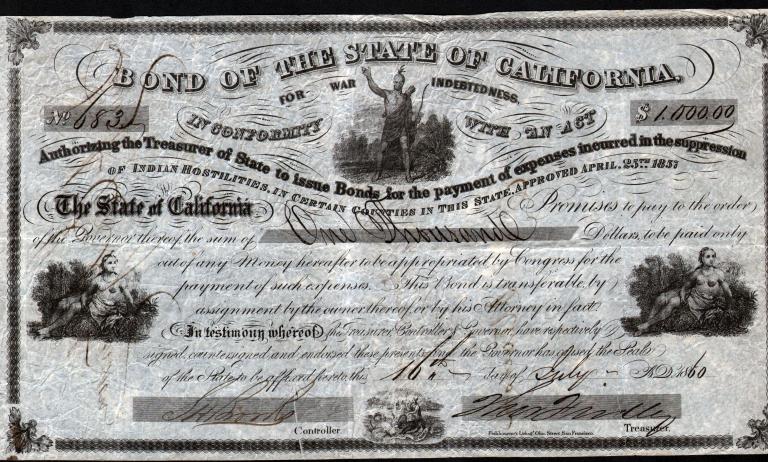 Bond for the Payment of Expenses incurred in the Suppression of Indian Hostilities signed by California Governor John Downey and Indian Agent - RARE - California 1860