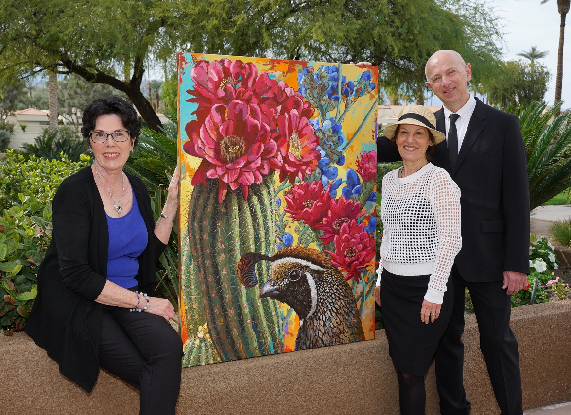 Indian Wells Festival Producer Dianne Funk, Screenwriter Judith Lutz, Indian Wells Arts Festival Commemorative Print Artist David Palmer at the Indian Wells Civic Park