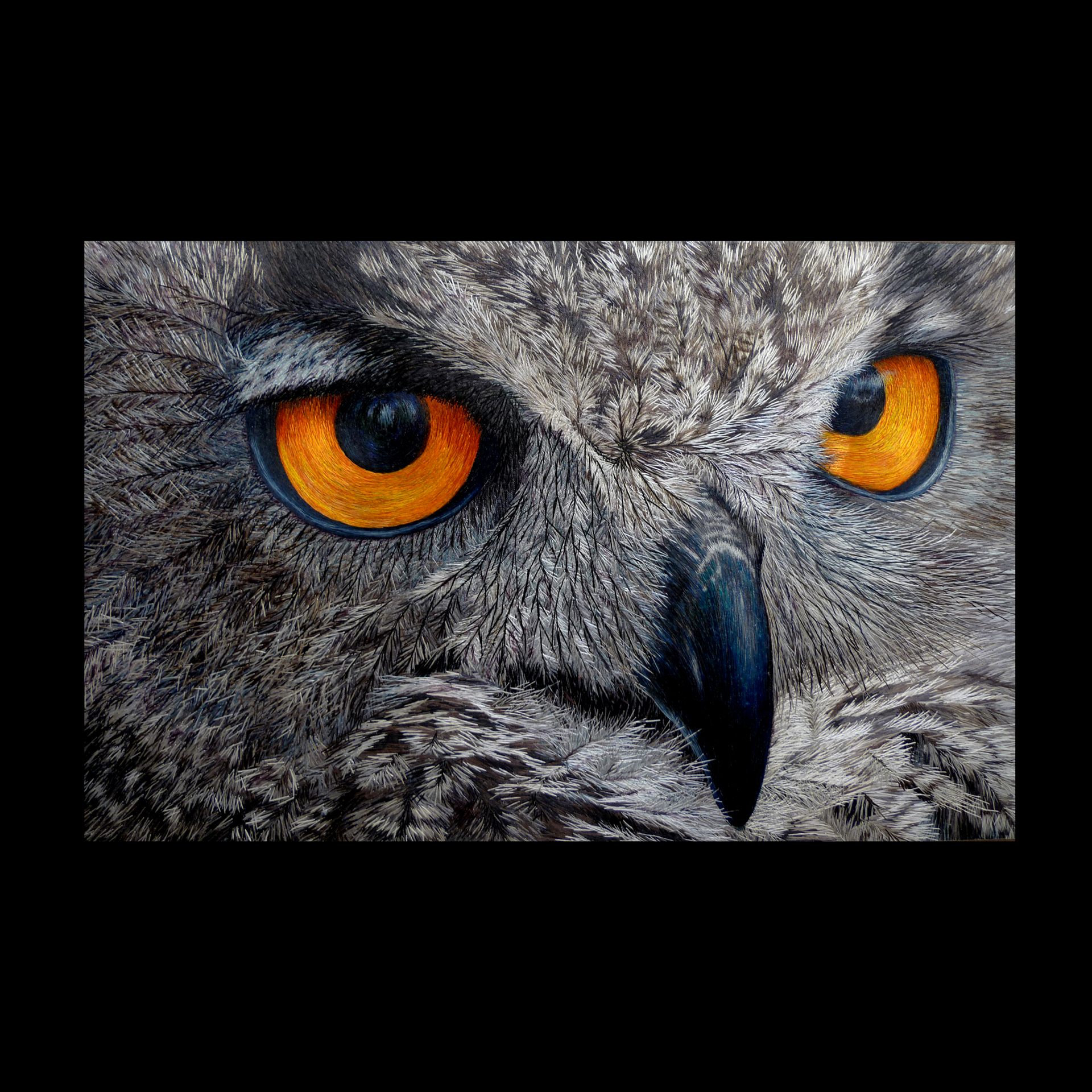 "Owl" hyperrealist silk embroidery art by Indian Wells Arts Festival artist Yan Inlow