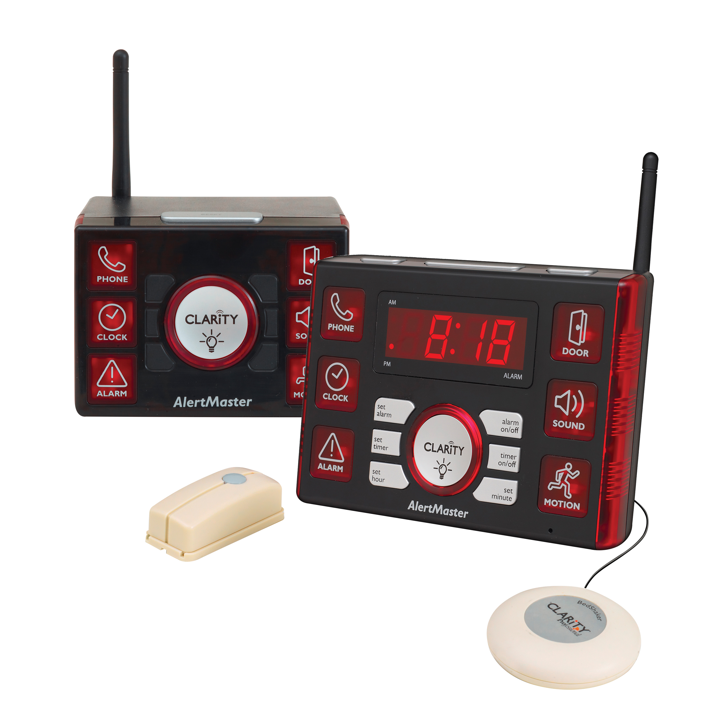 The Clarity AlertMaster® AL10™ Notification System notifies you to the door and phone/VP calls in up to two rooms. It also functions as an alarm clock through a bed shaker and plugged in lamp.