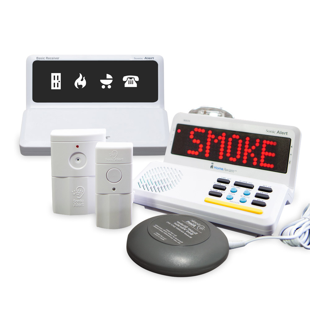 The Sonic Alert HomeAware Fire Safety Kit alerts the Deaf and Hard of Hearing to smoke and carbon monoxide emergencies.