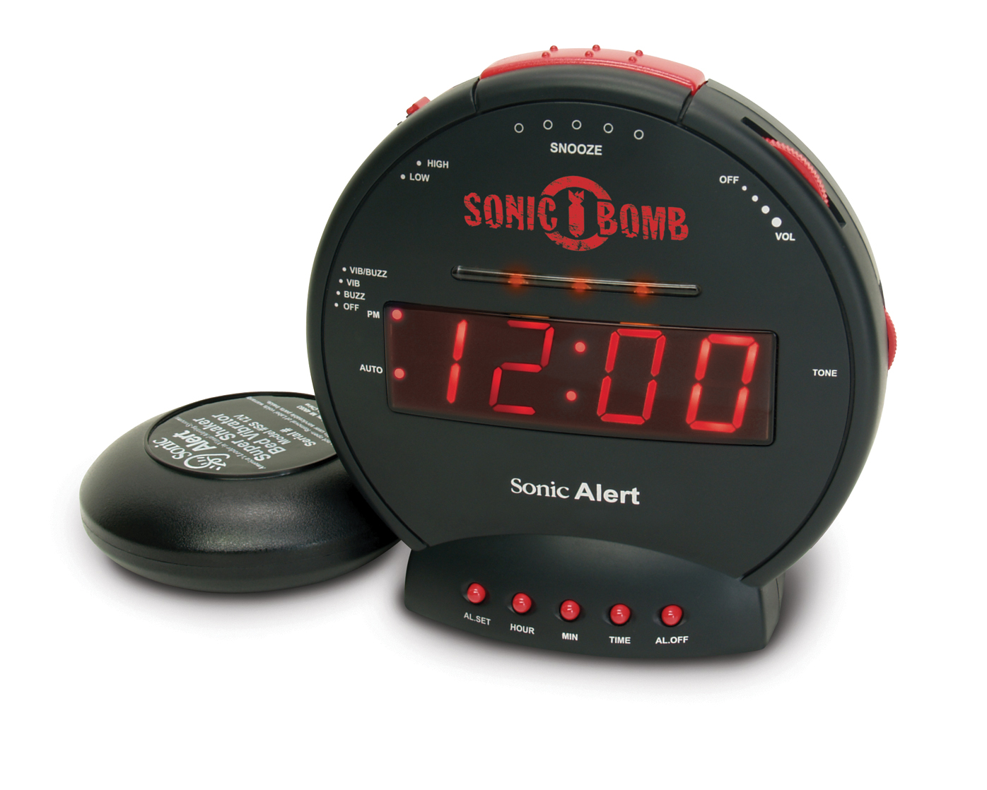 The Sonic Bomb vibrating alarm clock wakes the Deaf, hard of hearing and deep sleepers.