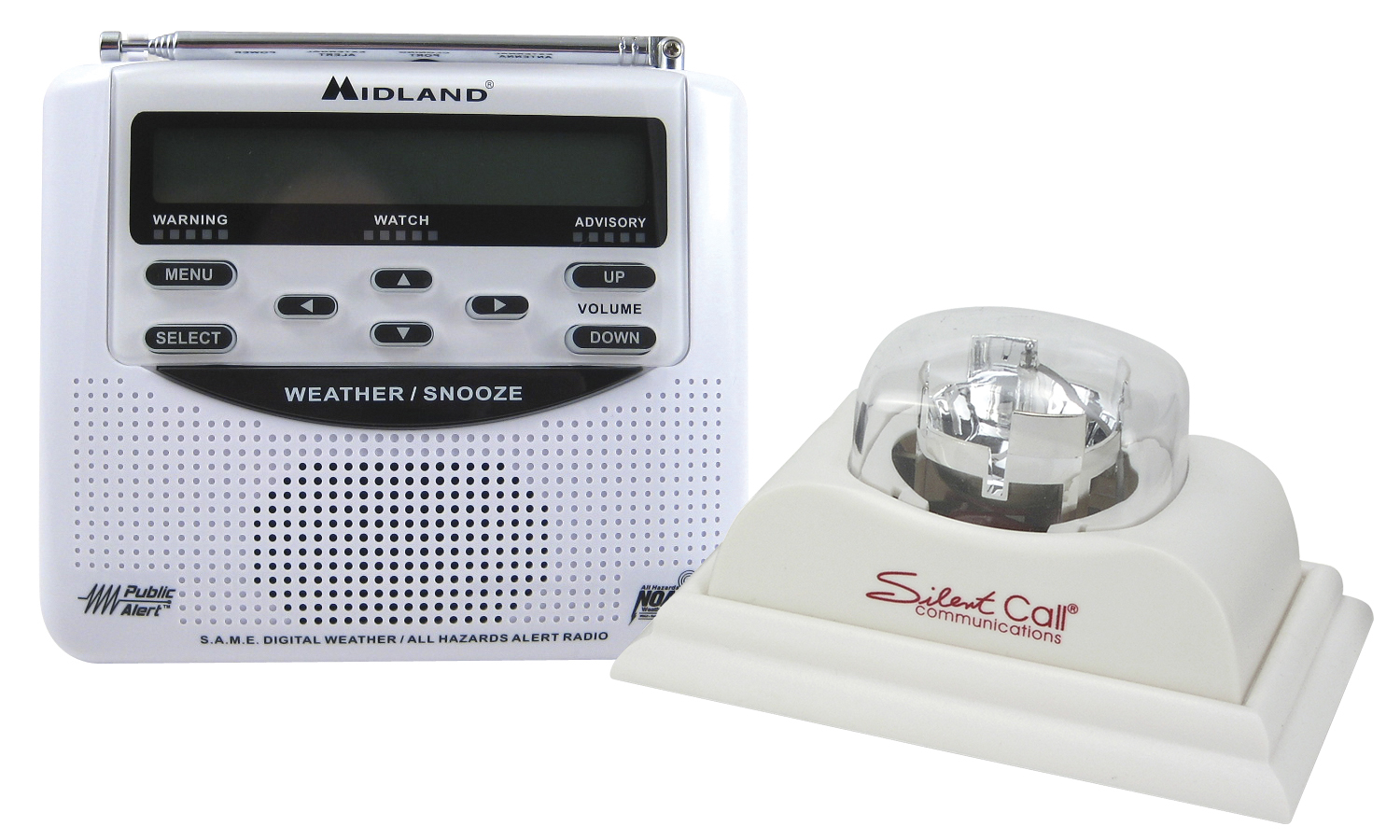 The Midland weather radio with Silent Call strobe light is a complete severe weather system that provides audible and strobe alerting.